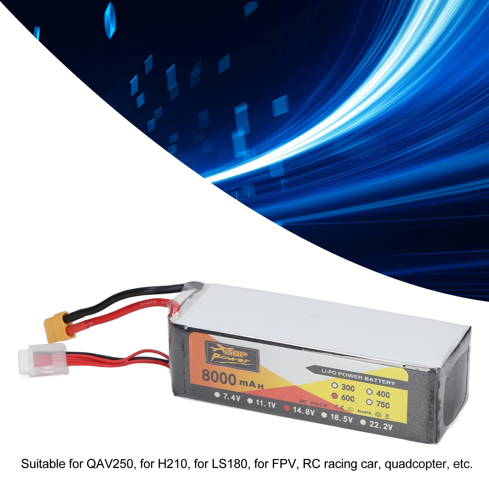 Batteria per Drone da Corsa RC per Auto Quadcopter XT60 Spina FPV, con Elevata velocità di Scarico, Batteria Ricaricabile 8000mAh 60C 14.8V LiPo