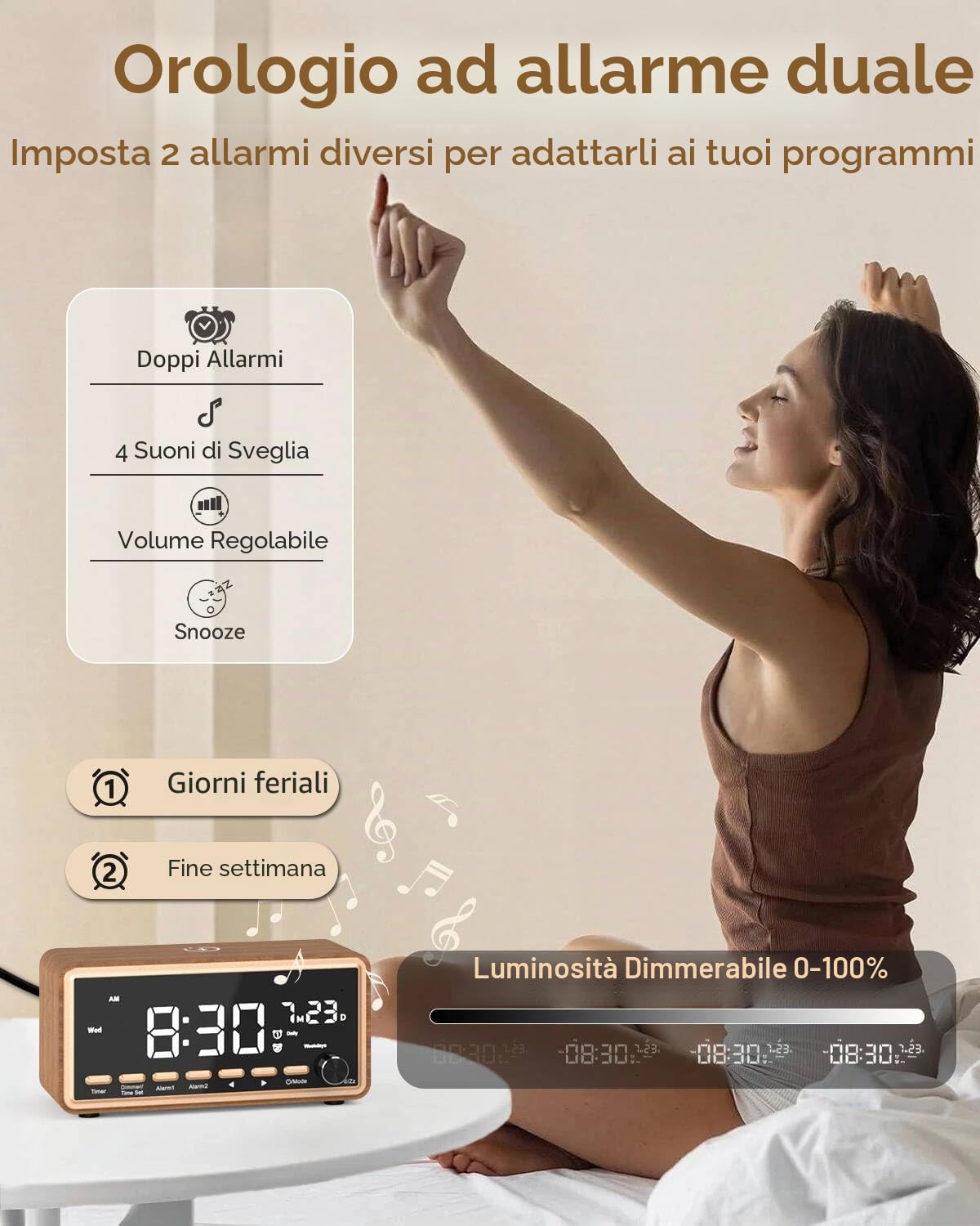 Sveglia digitale con radio FM, doppia allarme, altoparlante Bluetooth, White Noise Machine, Wireless Charger, orologio digitale dimmerabile, regalo di compleanno per donne, mamma e papà