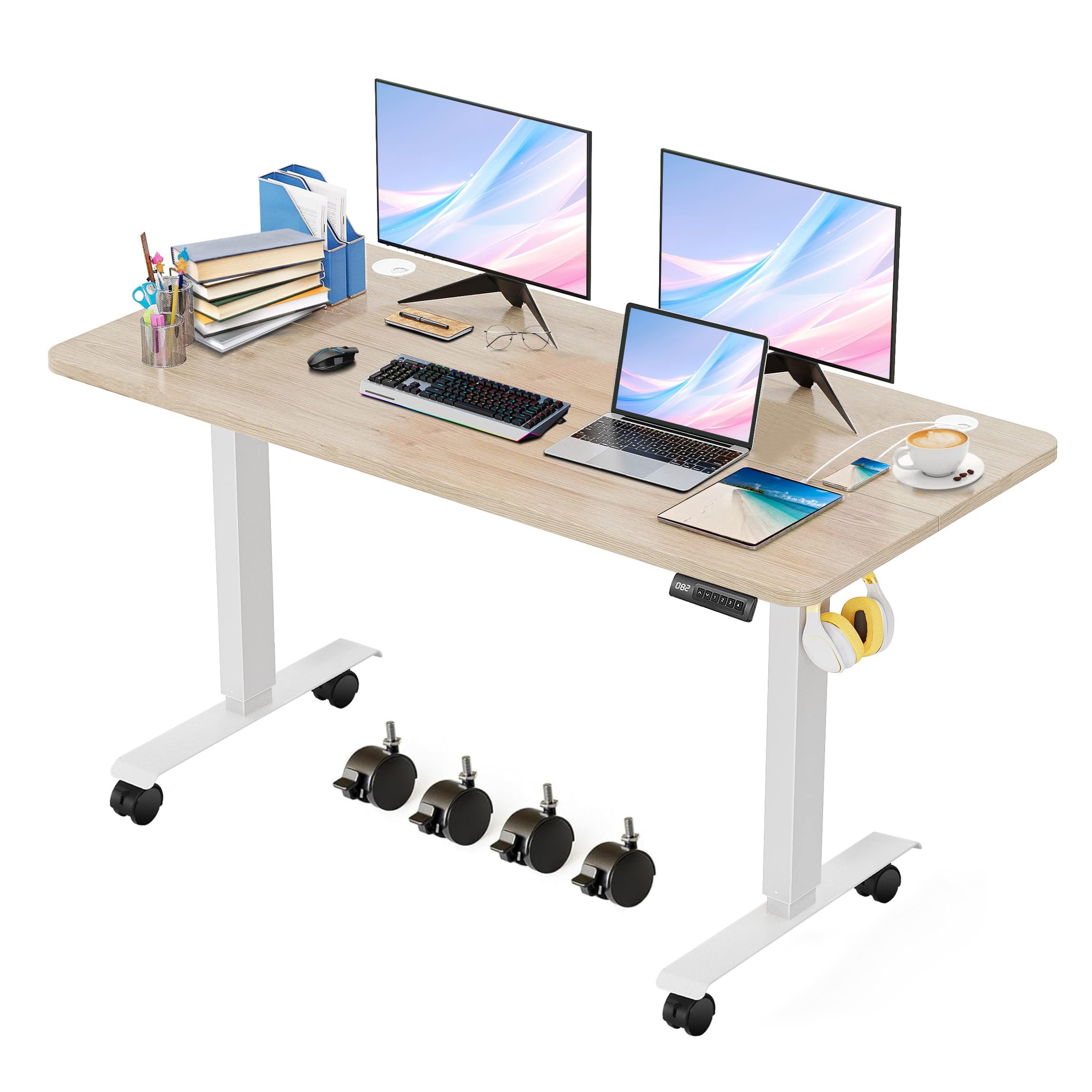 Legooin Electric Standing Adjustable Height Desk,55'' x 24'' Stand up Desk with Double Hooks and Wheels, 27''-45'' Lifting Range Computer Workstations