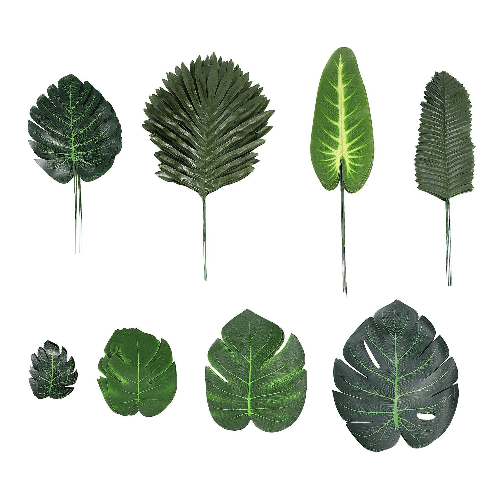 detee 68 Pieces 8 Kinds Tropical Party Decorations Jungle Monstera Leaves, Artificial Palm Leaves with Faux Stem