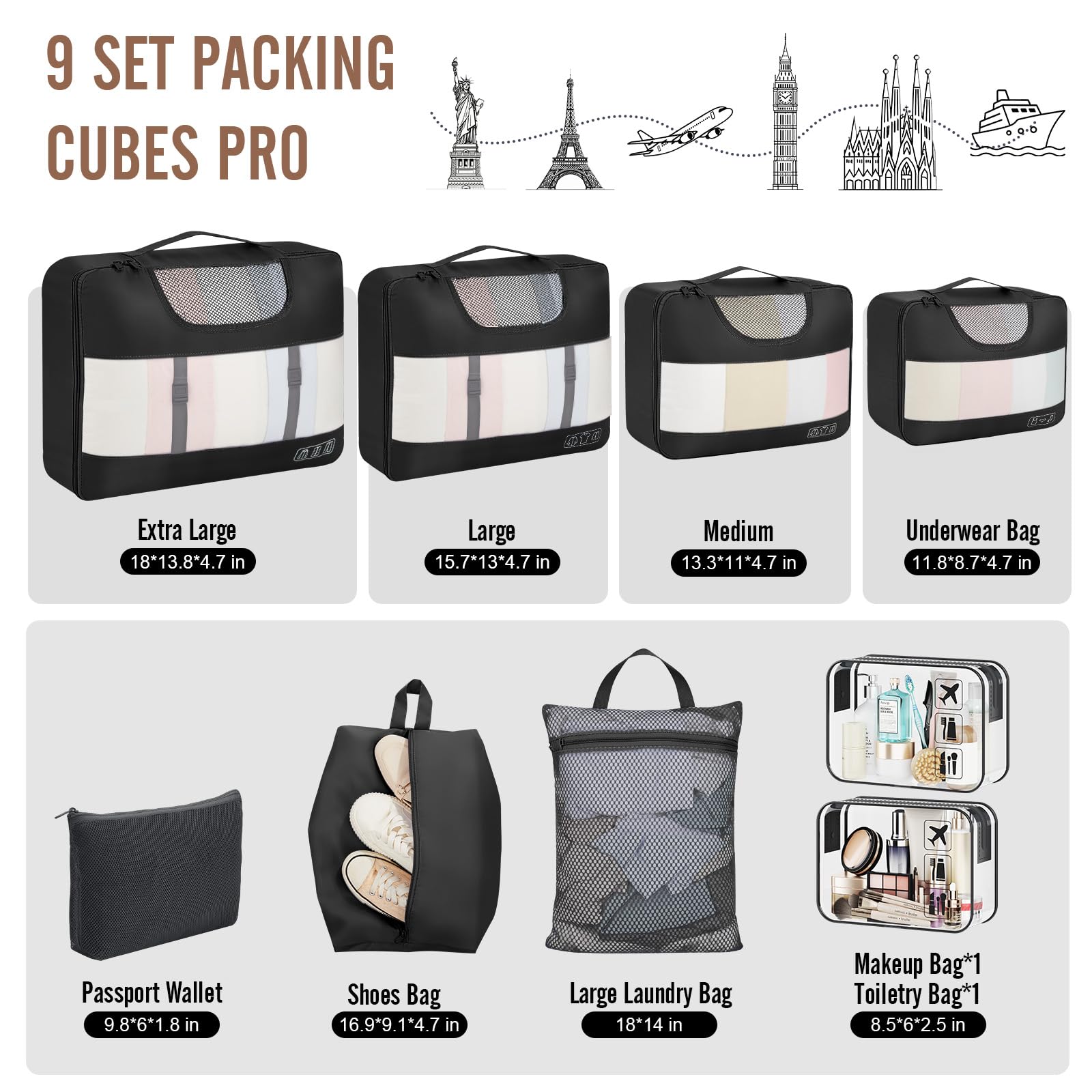 Veken 9 Set Packing Cubes for Travel,Anti-Wrinkle Buckled Suitcase Organizer with Shoe,Toiletry,Makeup Bag,Carry On Luggage Bag with 99+ Count Mesh Holes for Airplane & College Dorm Essentials view 2
