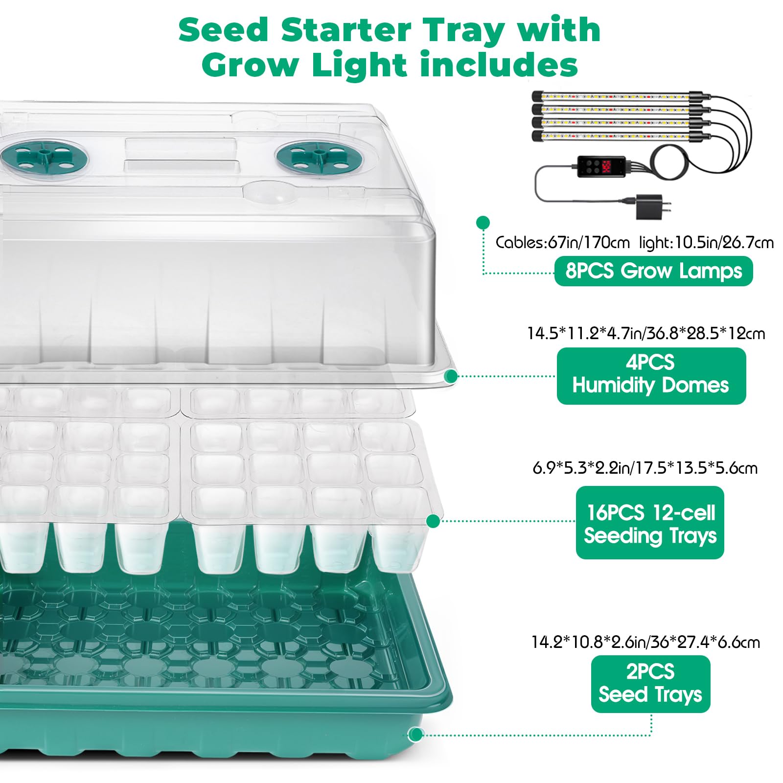 Vassoio di avviamento per semi con luce crescente, kit di avviamento per semi a 192 celle, vassoi per piantine con cupole per umidità, timer automatico, vassoi per la germinazione delle piante