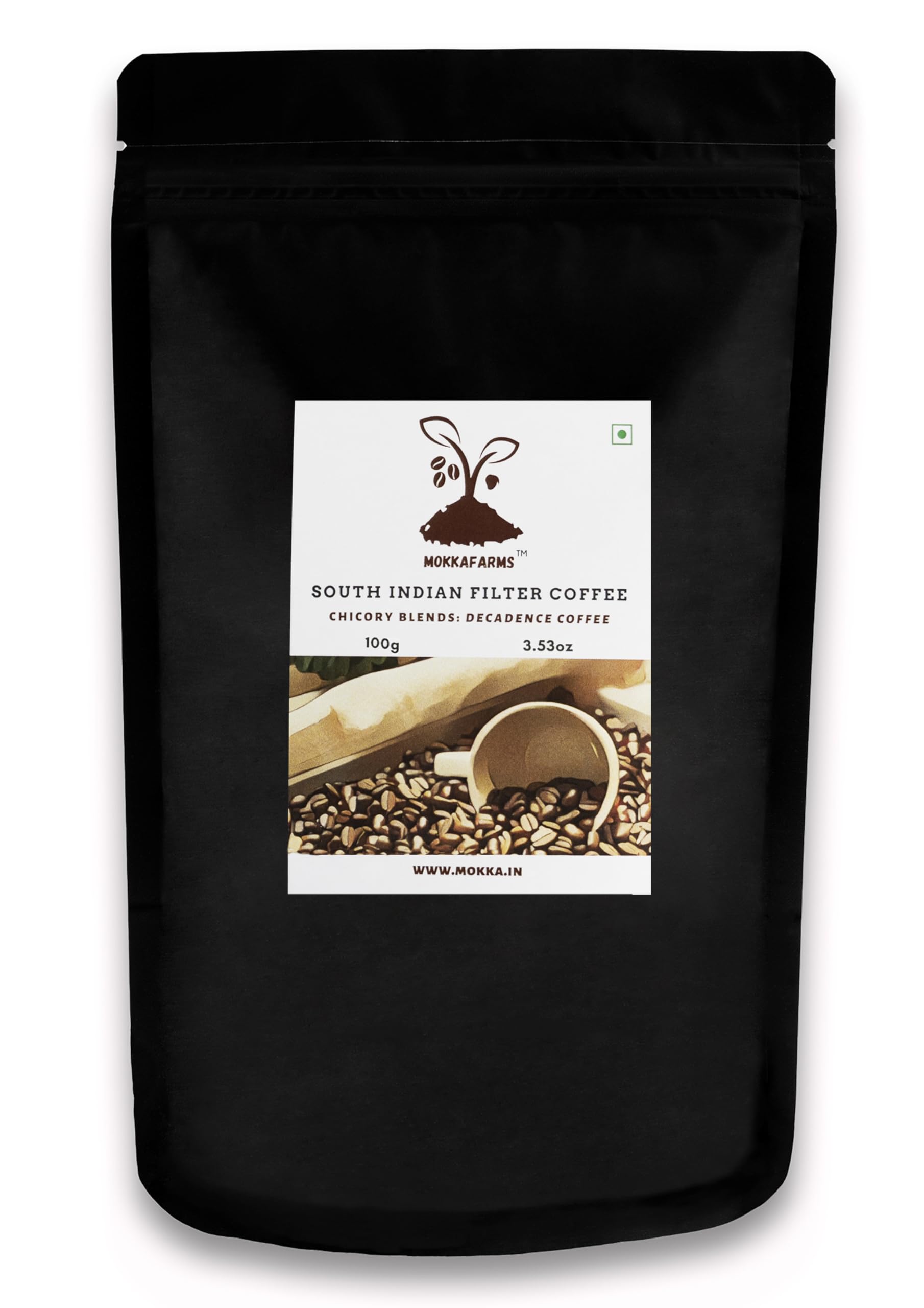 MokkaFarms Traditional South Indian Filter Coffee 100g - Decadence Coffee | 53% Coffee, 47% Chicory | Fresh Roast & Ground, Strong, Flavour | Farm to Fork, Estate Coffee | One-way Valve Zip-lock Bag | (B0CKN3N2S2) Amazon Price History, Amazon Price Tracker