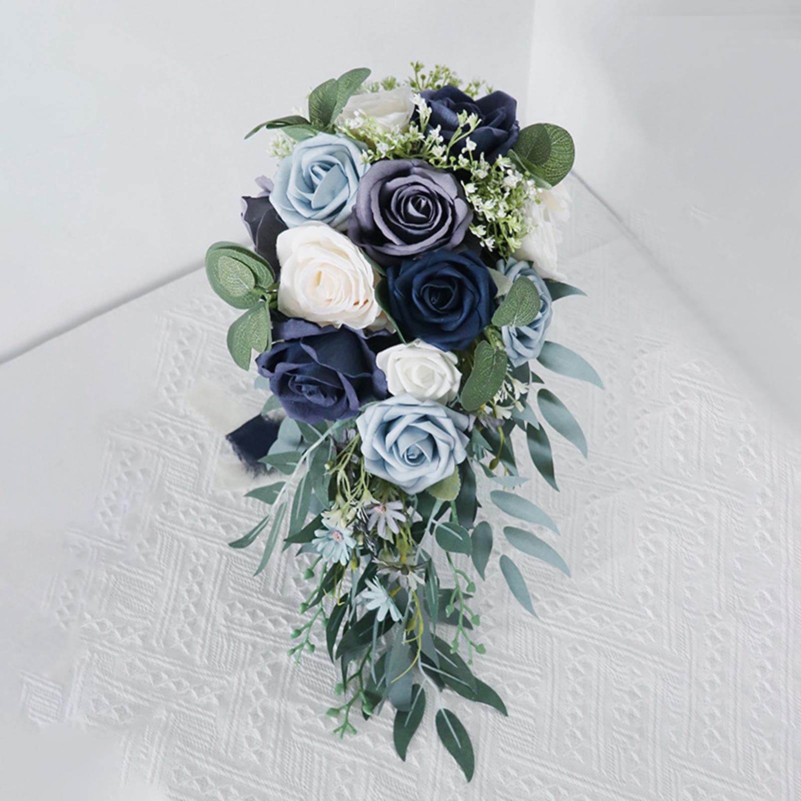 predolo Eleganter Hochzeits-Brautstrauß Rosen-Wasserfall-künstlicher Halte-strauß für Kirche-Zeremonie-Feiern-Dekor-, Blau
