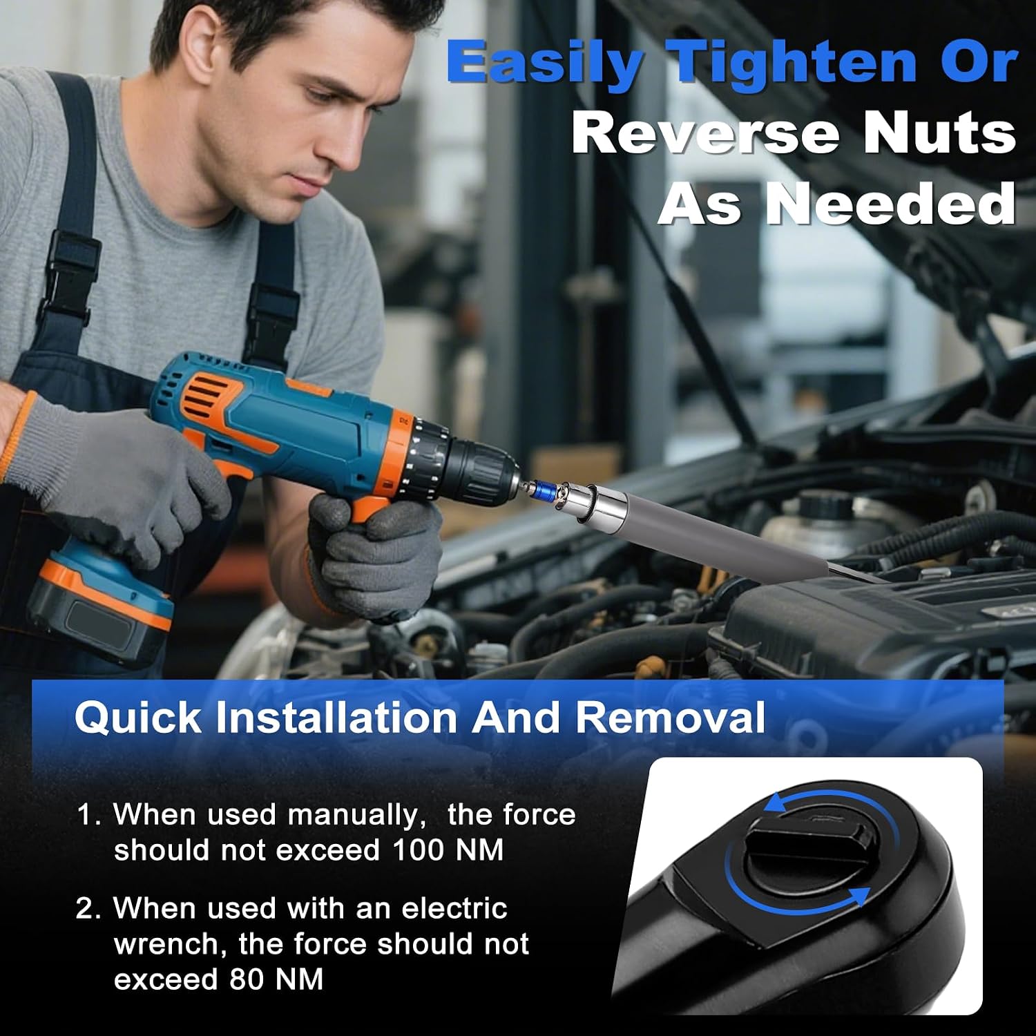 Offset Extension Wrench Impact Tool, Electric Ratchet Wrench Drive Extender with Chain Drive, 1/2" Drill Adapter & 4 Socket Adapters, Multifunctional Labor - Saving Wrenchs