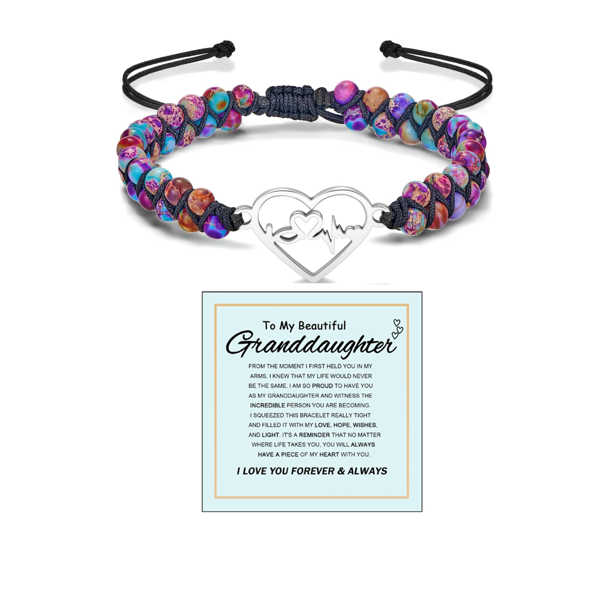 To My Granddaughter-Infinity Forever Love Heart Bracelet, Natural Emperor Stone Double Layer Purple Beaded Woven Wrap Bracelets Adjustable Mind Peace Gift Jewelry