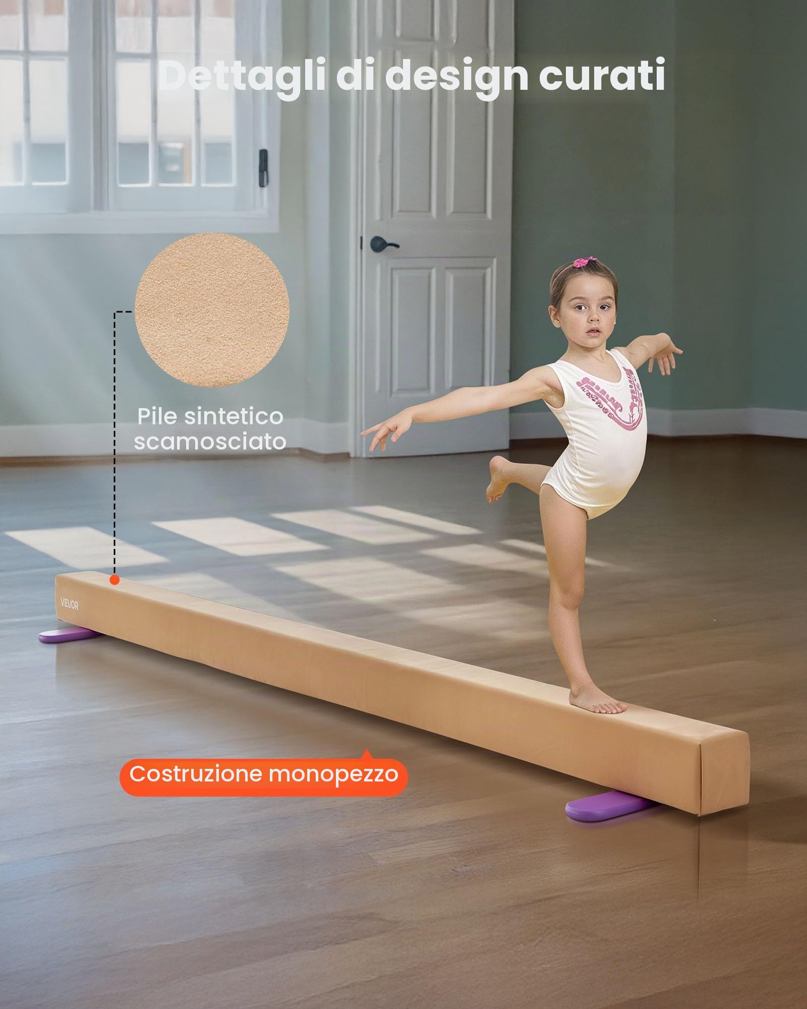 VEVOR Trave di equilibrio per bambini, 2,4 m, supporto stabile da ginnastica da 90,7 a 158,8 kg, con tappetino antiscivolo, attrezzatura per allenamento ginnastica con anima in legno/EVA, con fondo