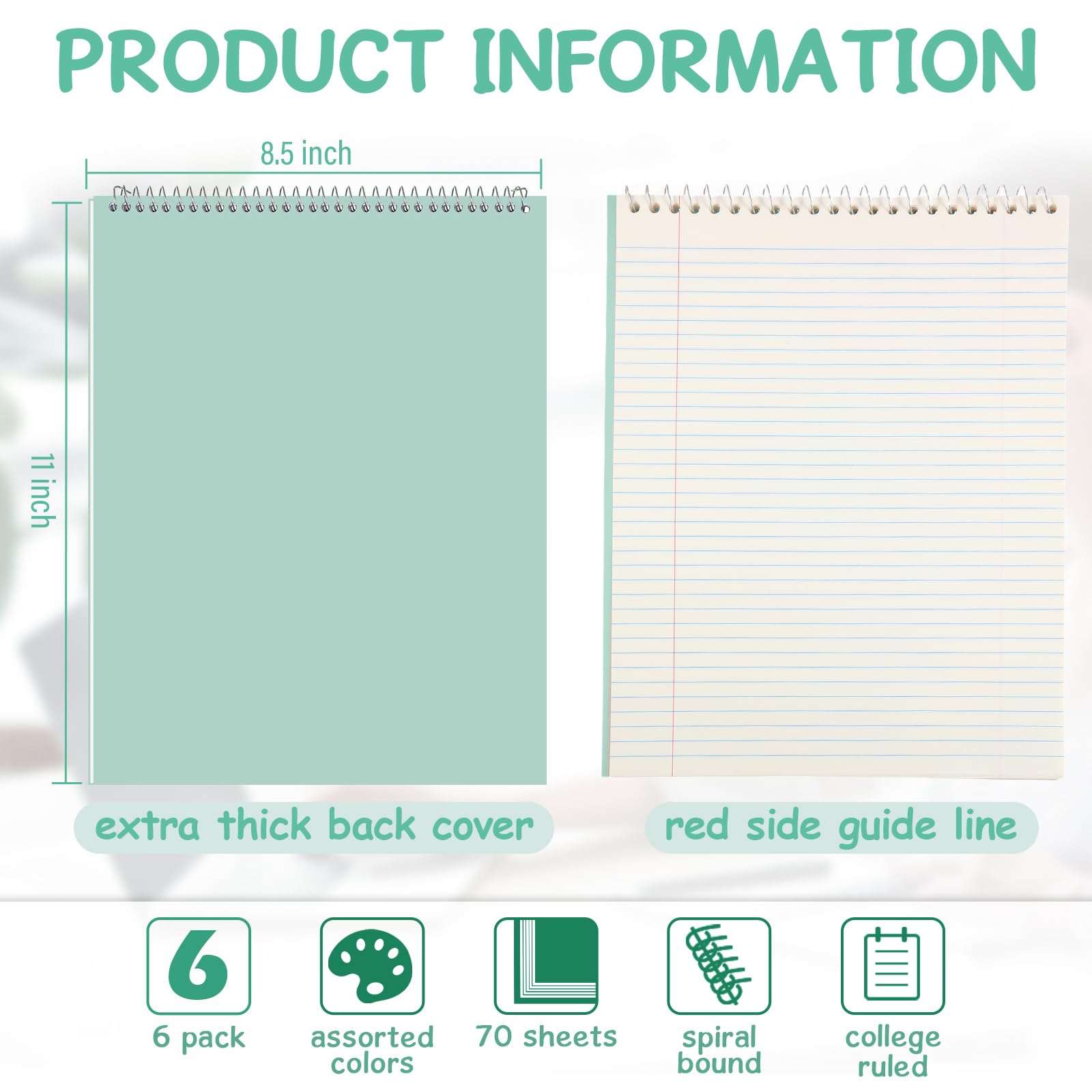 Maitys 6 quaderni legali a spirale Steno da 21,6 x 28 cm, rilegatura superiore a spirale, copertina rigida, blocco note a righe, 70 fogli, per scuola, ufficio, università, casa (colore pastello, stile