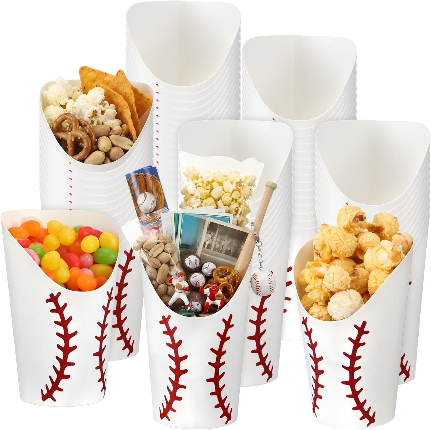 100 Pcs Baseball Charcuterie Paper Cups 12 oz White Disposable French Fries Cup, Baseball Birthday Party Snack Chips Cups for Sports Baby Shower Party Supplies Decorations