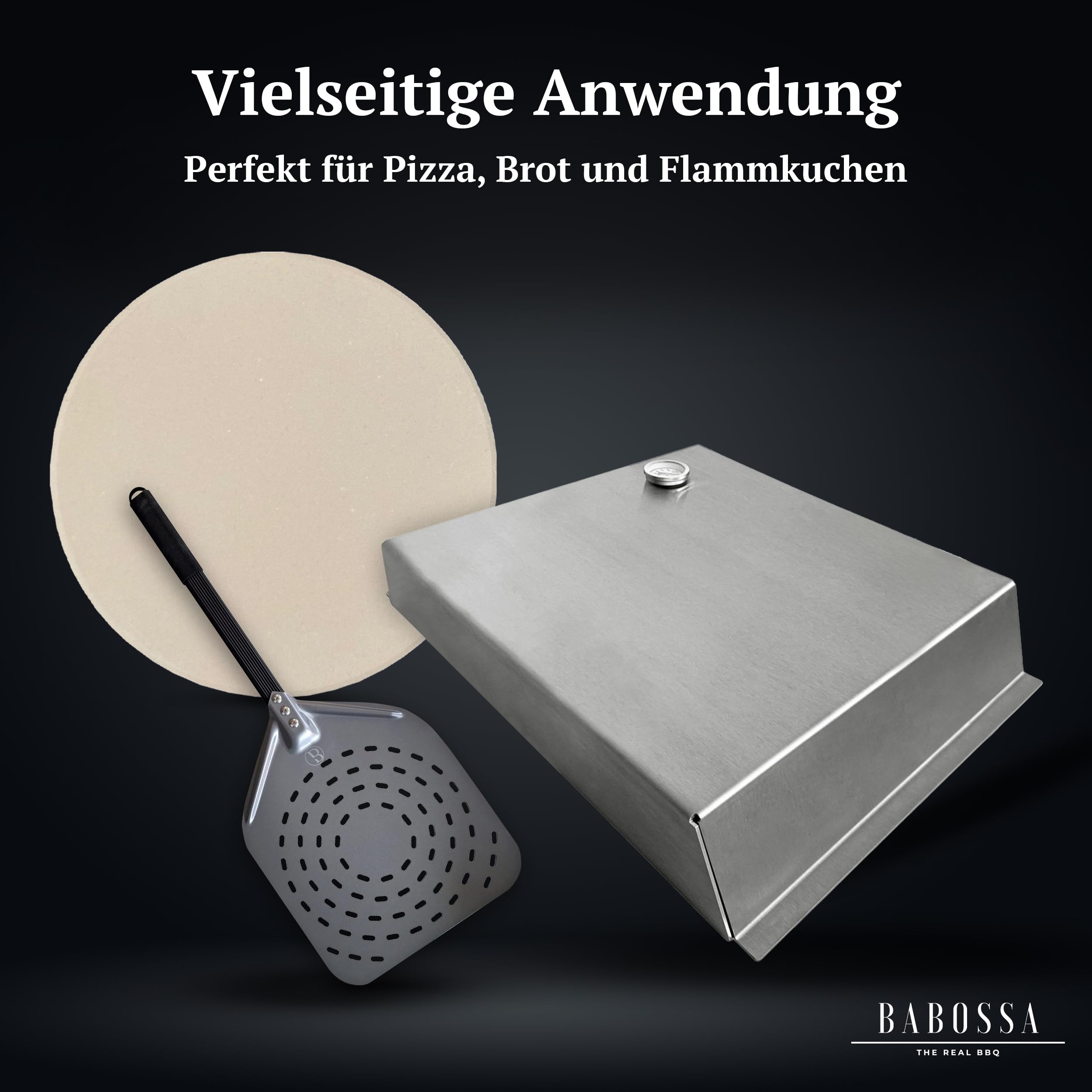 BABOSSA Pizzaset für den Grill – Komplettlösung mit Pizzastein, Pizzaschieber & Haube – alles für Pizza vom Grill wie beim Italiener – passt auf Gasgrill, Holzkohlegrill & viele Modelle