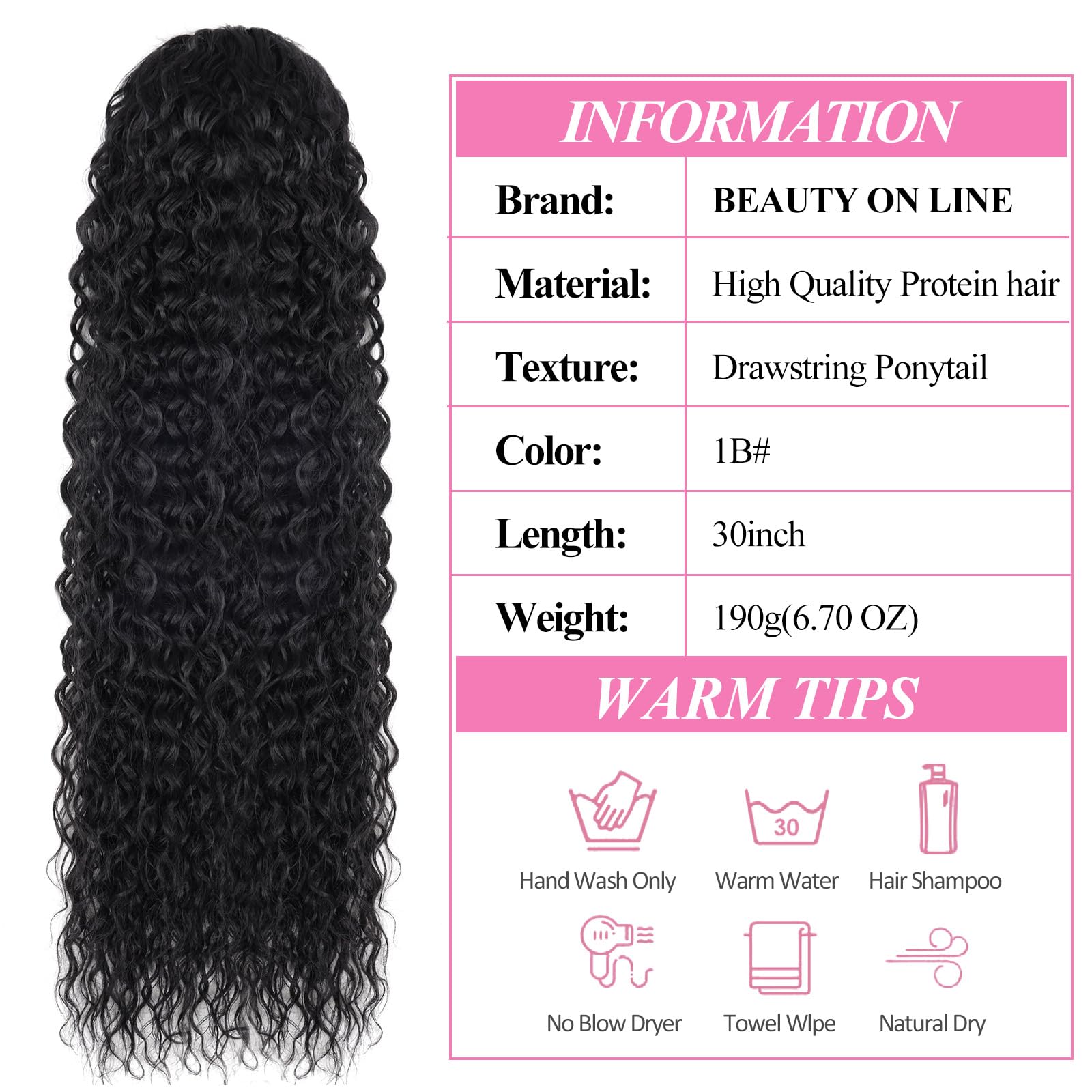 BEAUTY ON LINE Ponytail Extension Curly 30 inch Long Black Drawstring Ponytail Synthetic Clip in Ponytail Hair Extensions Curly Water Wave Clip in Hair Pieces for Women - Image 3