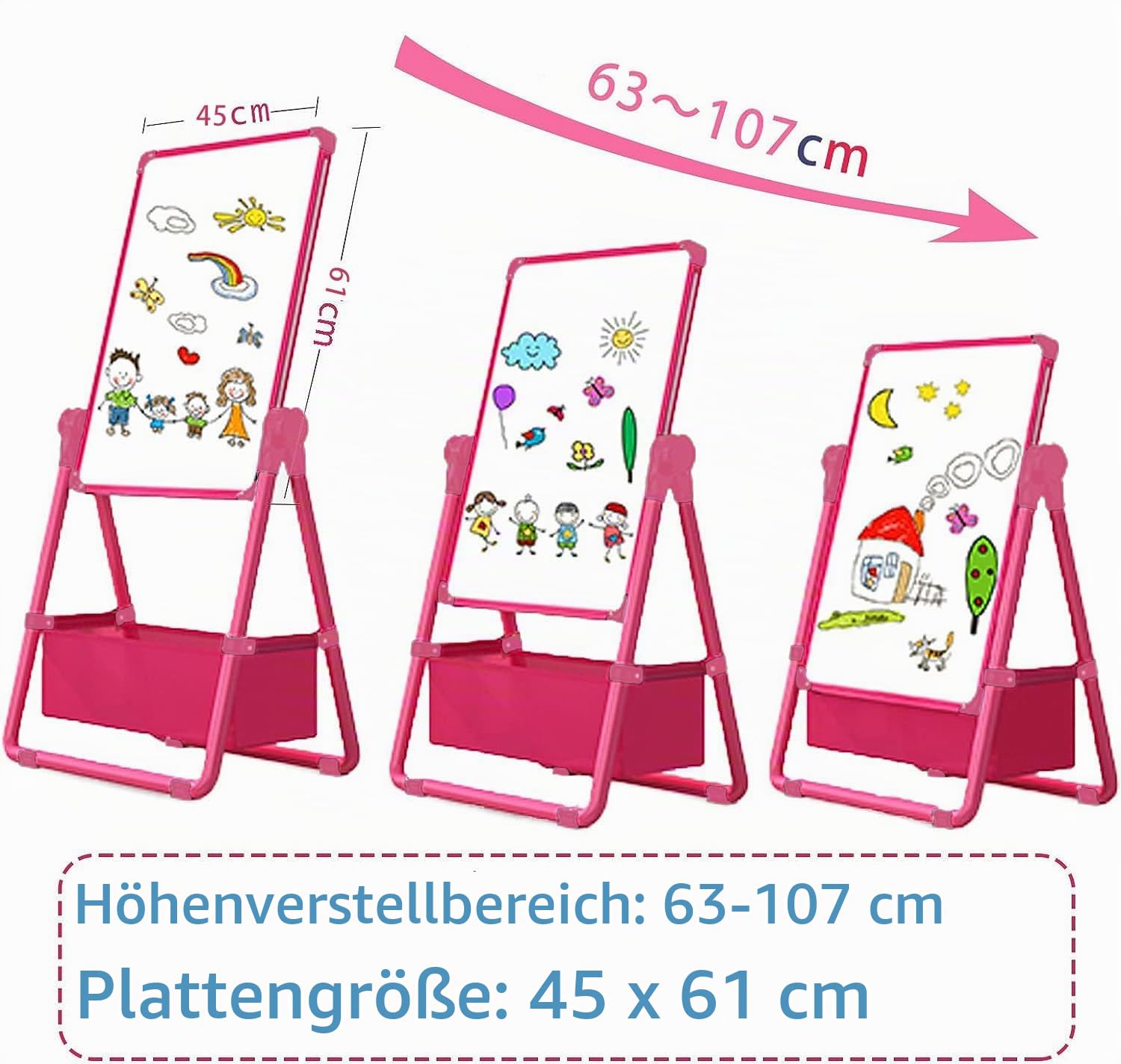 Tafel kinder,Mit Schürze, Alphabet Cartoon,Doppelseitige Magnettafel Maltafel Schreibtafel Kinder,Um 360° drehbar,63-107cm Hoch Verstellbar, Geschenk mädchen 3 4 5 7 8 jahre（Rosa）