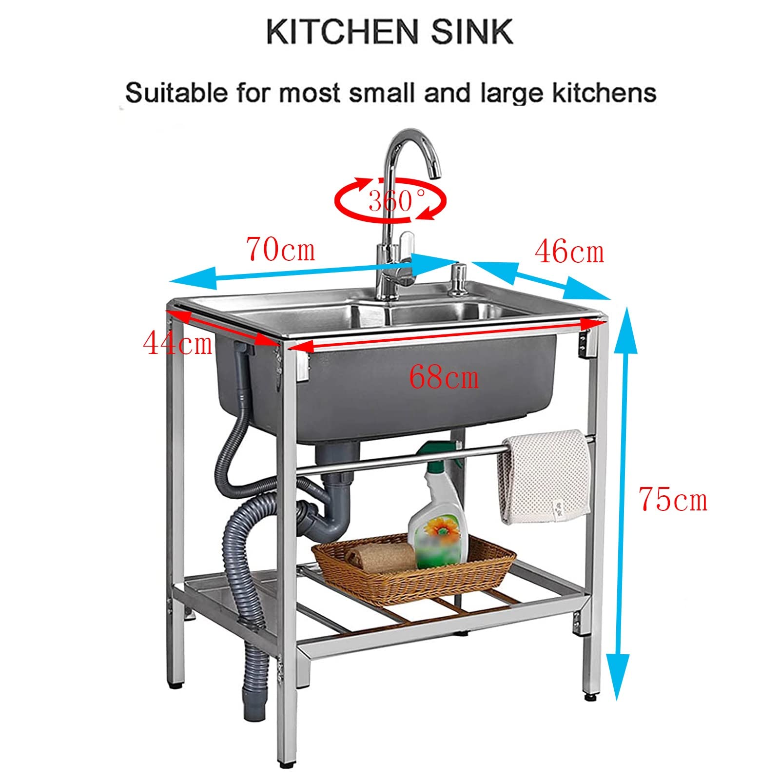 Grubszy zlew kuchenny ze stali nierdzewnej – 75 cm przenośna komercyjna umywalka do mycia rąk do użytku wewnątrz/na zewnątrz, idealna do domu, ogrodu, baru i gastronomii