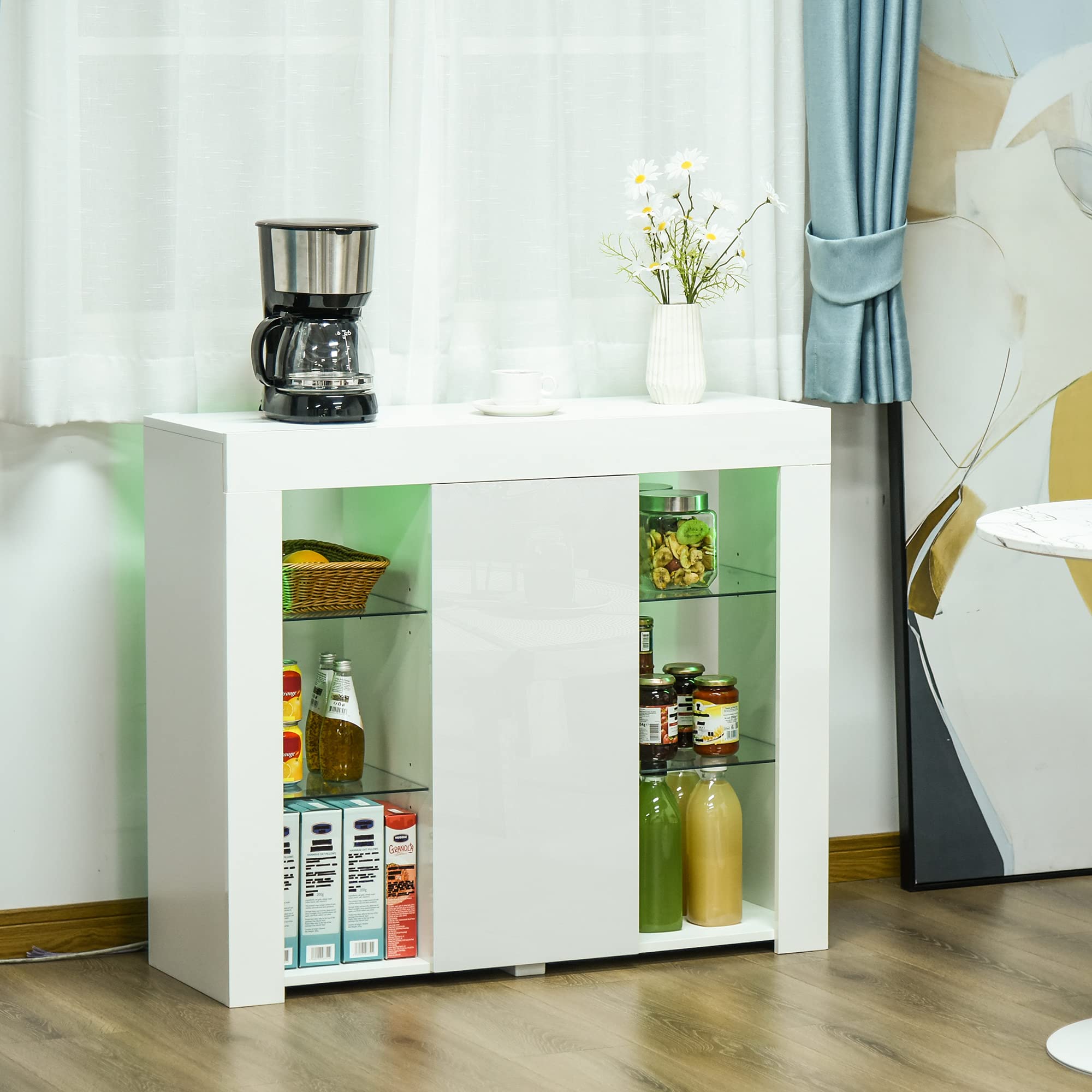 HOMCOM Aparador Moderno con Luces LED Mueble Buffet con 1 Puerta de Alto Brillo Cierre a Presión Estantes Ajustables y Control Remoto 97x35x83 cm Blanco