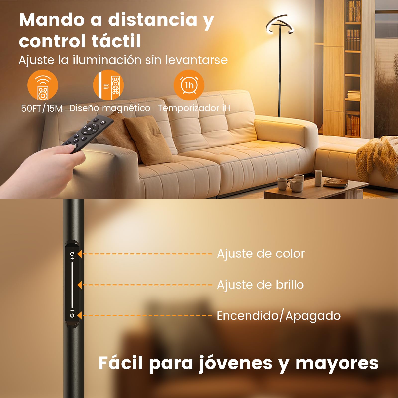 SIBRILLE Lámpara de Pie LED Regulable 20W Lampara de Pie Salon 1300LM 4 Temperatura de Color, Mando a distancia & Táctil, Negra Moderna Lámpara de Lectura para Salon Habitacion Dormitorio Despacho