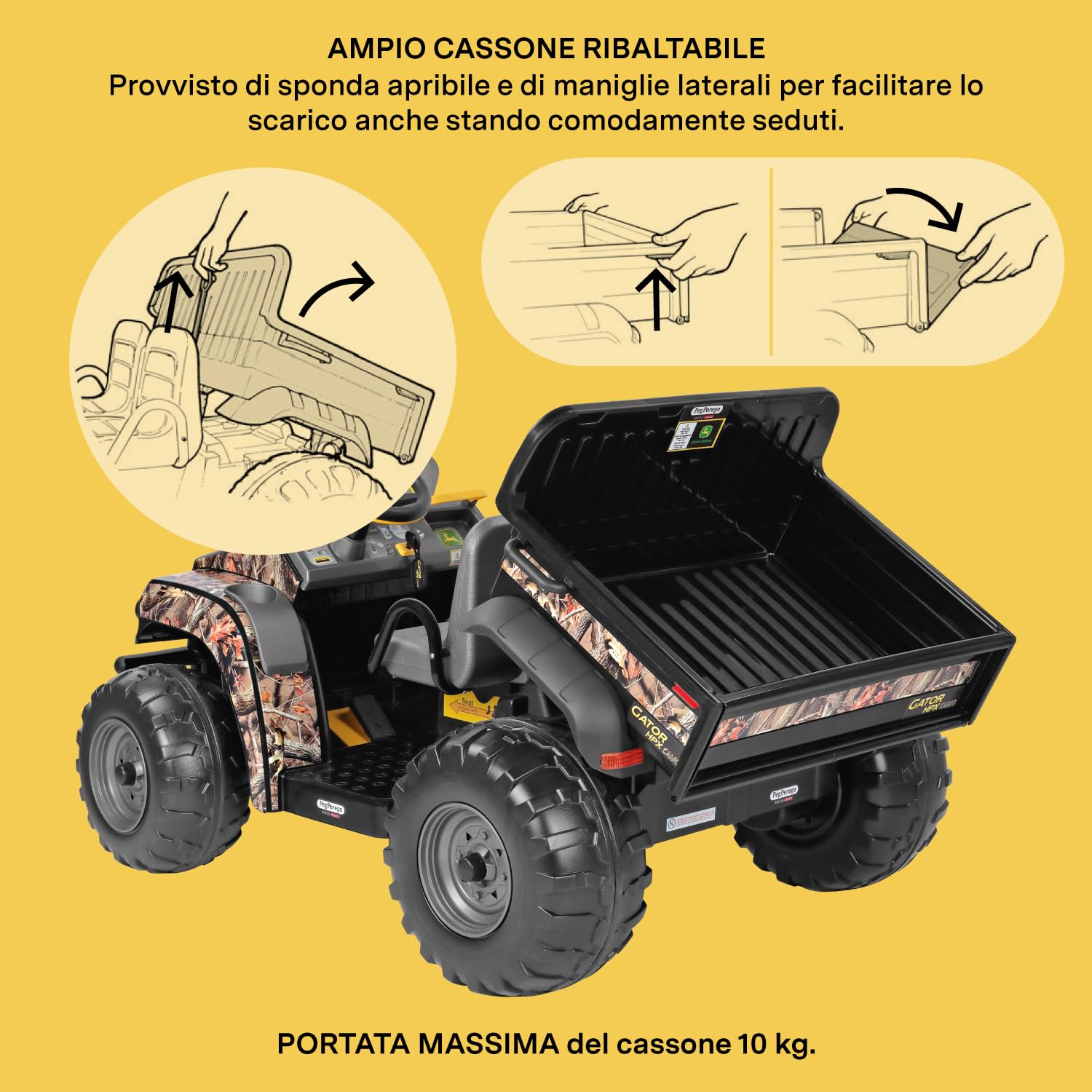 PEG John Deere Gator HPX Camo - Trattore Elettrico Cavalcabile per Bambini dai 3 Anni, Utility Vehicle Elettrico con Cassone Ribaltabile e Clacson, Batteria Ricaricabile da 12V