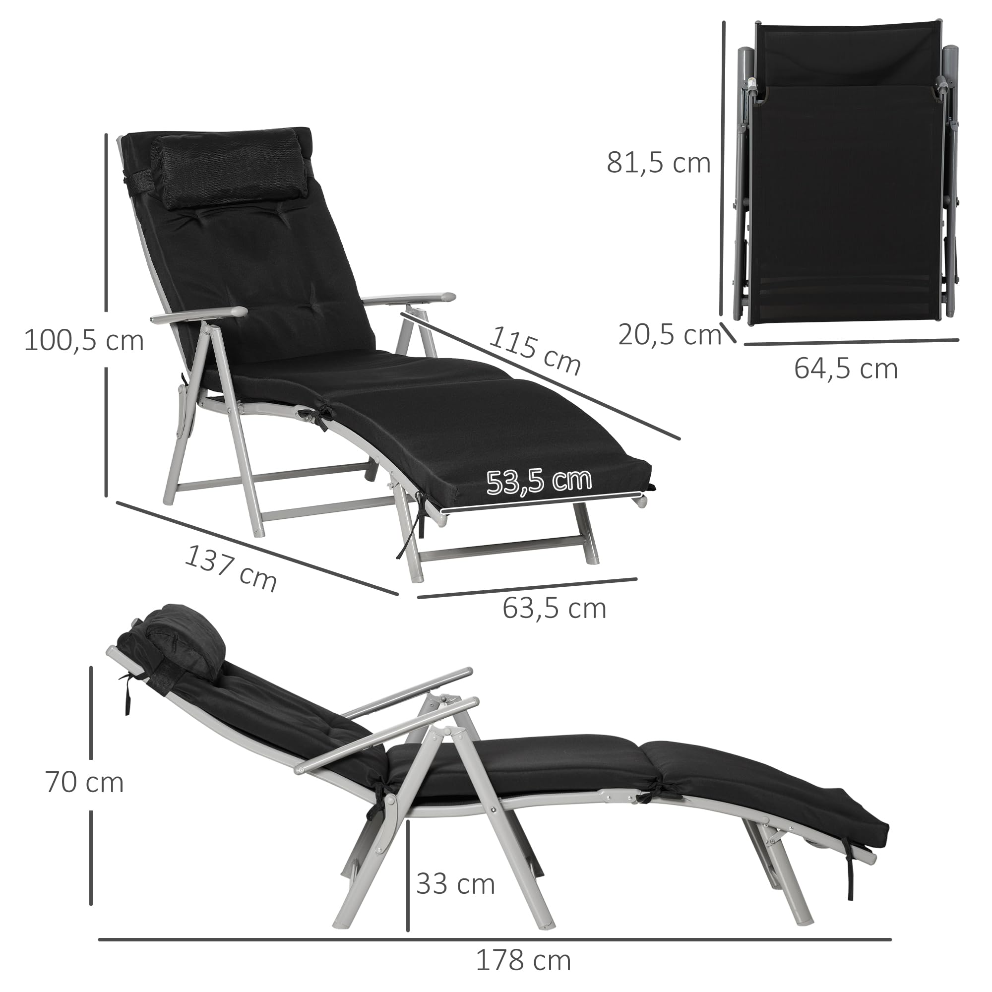 Outsunny Bain de Soleil Pliable Transat 7 Positions Charge 165 kg Noir | Inclinable, Chaise Longue, Dossier, Coussin, Appui-tête, Accoudoirs, Métal Époxy Textilène Polyester, pour Jardin, Piscine