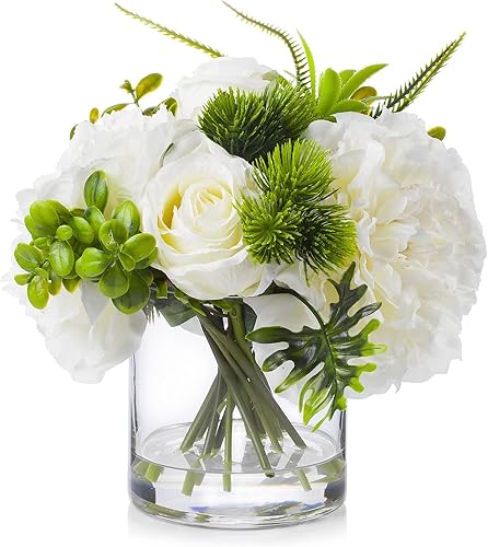 ENOVA FLORAL Flores de rosas artificiales en jarrón, rosa blanca falsa mixta y peonías de seda en jarrón con agua sintética para centros de mesa de