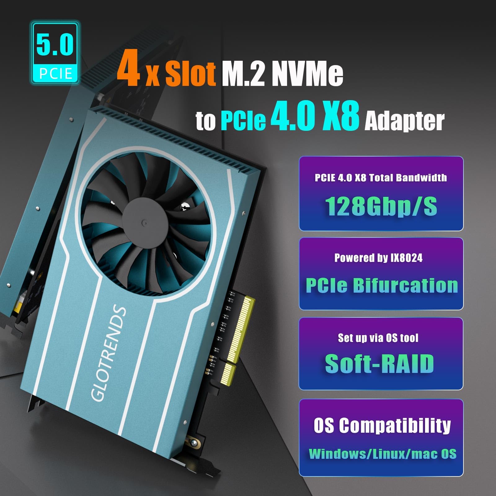 GLOTRENDS PA44 Quad Adaptador M.2 NVMe a PCIe 4.0 X8 con bifurcación PCIe, configuración de Raid M.2 NVMe Suave Mediante Herramienta del Sistema operativo (Solo Compatible con tamaño 2280)
