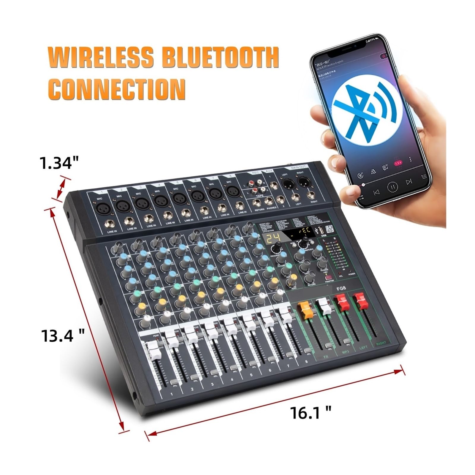 Mikser dźwięku, Mikser audio FG8 8-kanałowa konsola miksująca DJ PC USB Nagrywanie Funkcja Bluetooth 24 Efekty cyfrowe Zasilanie Phantom 48 V(FG8)