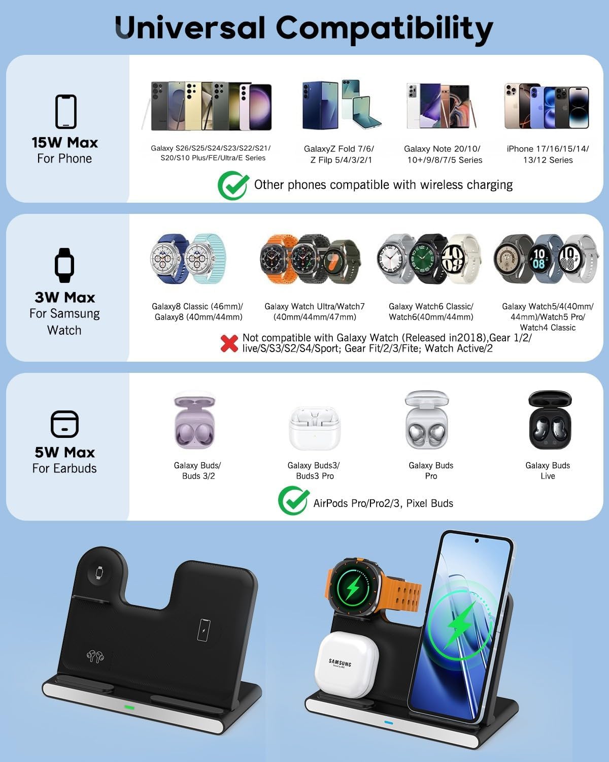 Wireless Charger for Samsung, 3 in 1 Samsung Wireless Charging Station with 20W PD Charger Adapter & 6FT Cable for Galaxy S26/S25/S24/S23 Ultra,Z Fold/Flip,Galaxy Watch 8/7/6/5/5Pro/Buds 3/2/Pro/Live