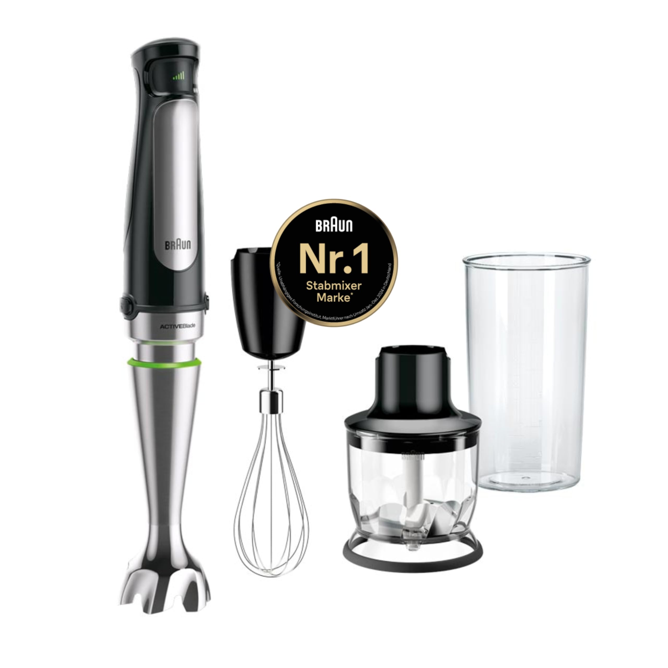 Braun MultiQuick 7 - Stabmixer mit SplashControl-Technologie, ActiveBlade System, Präzise Geschwindigkeitsregelung, 350 ml Zerkleinerer, Schneebesen, 600 ml Becher, 1000W, Schwarz (MQ7025X)