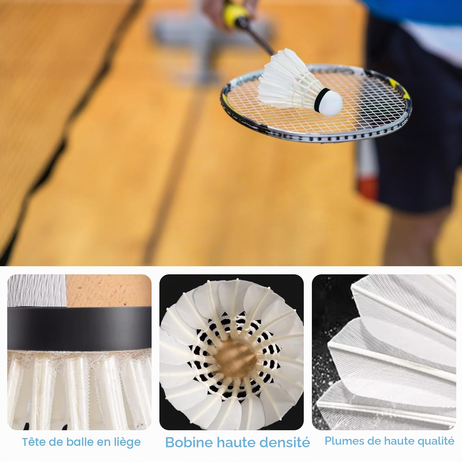 Nizirioo Lot de 12 balles de badminton : volants en plumes d'oie avec tête en liège, entraînement sportif à haute vitesse pour le jardin, volant de badminton en plume d'oie pour le sport extérieur et