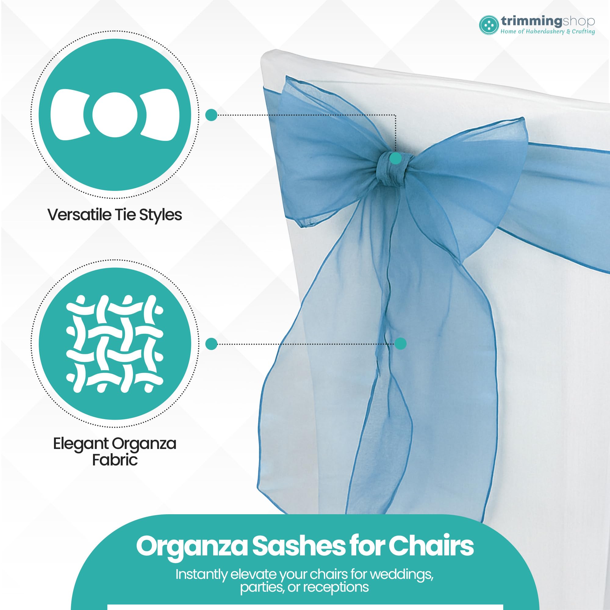 25 Fusciacche Per Sedie In Organza Blu Bambino – Nastro Per Matrimoni, Battesimi E Feste (17x280cm)