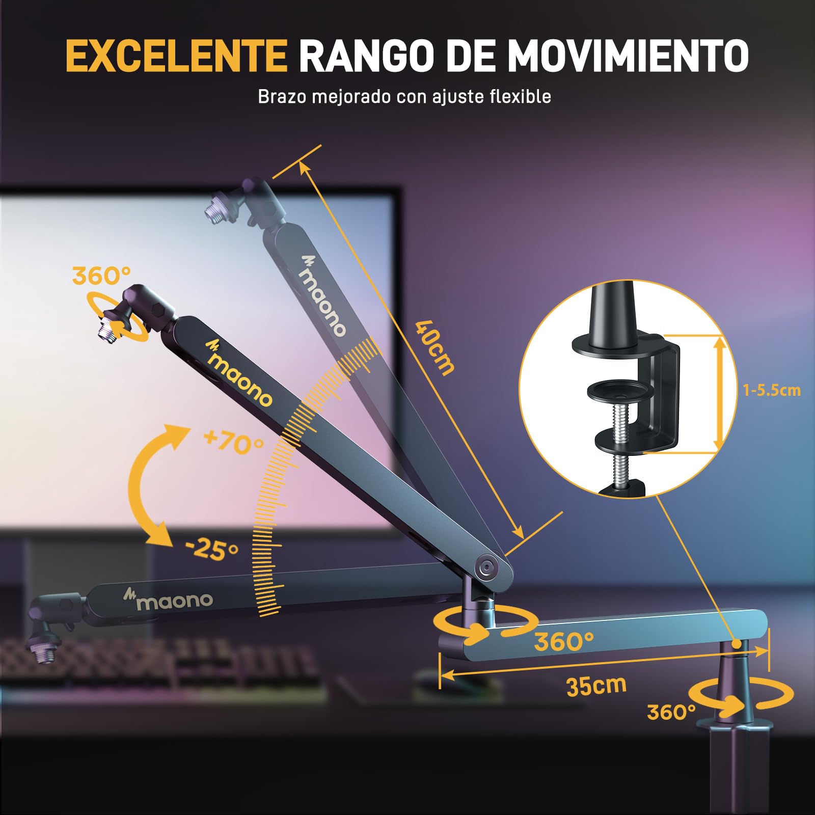 MAONO Brazo Micrófono BA92 Negro - Brazo plano con canal para cables, abrazadera de mesa, totalmente ajustable. Ideal para podcast, streaming y oficina en casa
