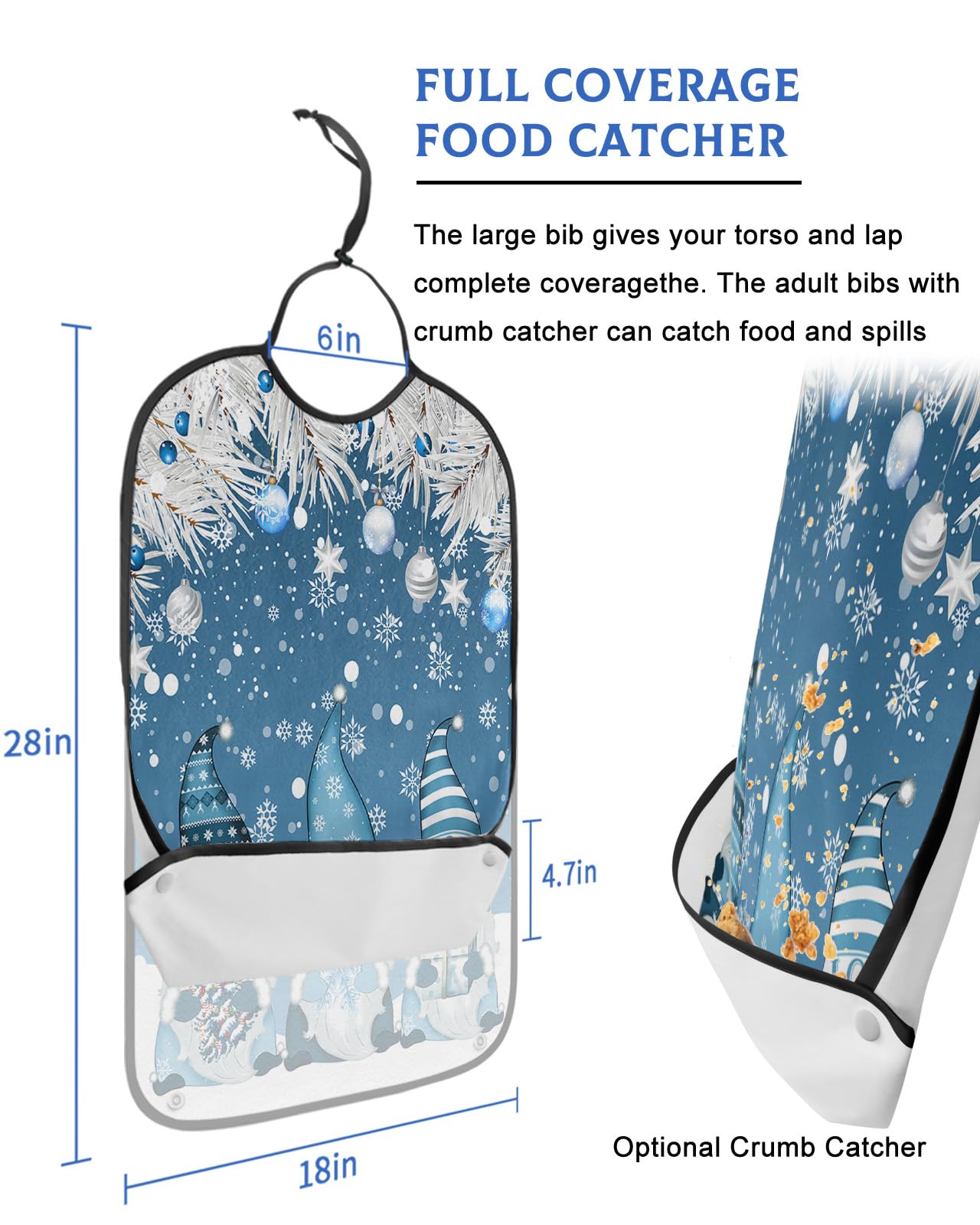 LEOKOTI Blue Gnomes Christmas Adult Bibs for Eating, Waterproof Bibs with Food Catcher & Adjustable Snap Closure, Xmas Tree Balls Snowflake Winter Washable Clothing Protectors Adult Bibs for Elderly