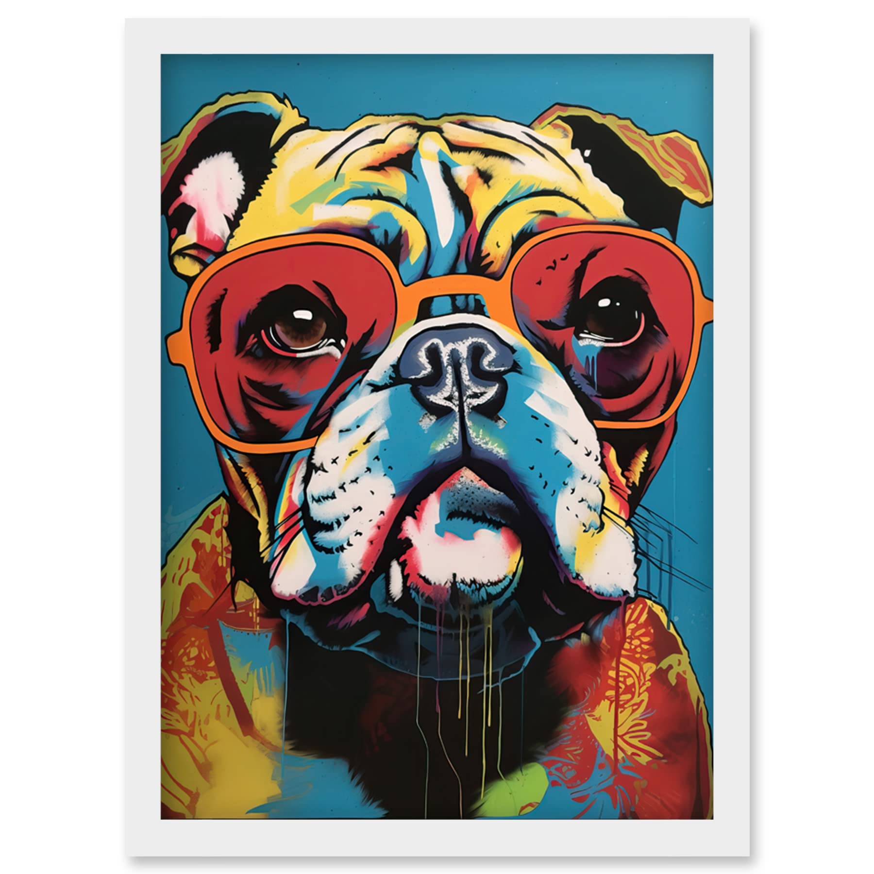 Artery8 English Bulldog Wearing Sunglasses Modern Pop Art Artwork Framed Wall Art Print A4