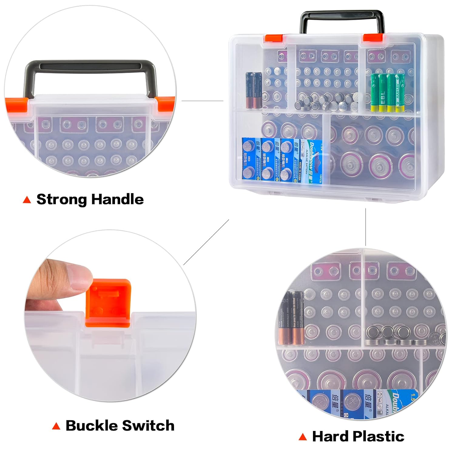 Battery Storage Organizer Holder with Battery Tester Checker, 120+ Storage Containers Box Case Fits for AA AAA 9V C D Lithium 3V LR44 CR2016 CR1632 CR2032 CR2025 (Batteries Not Includes) -Transparent
