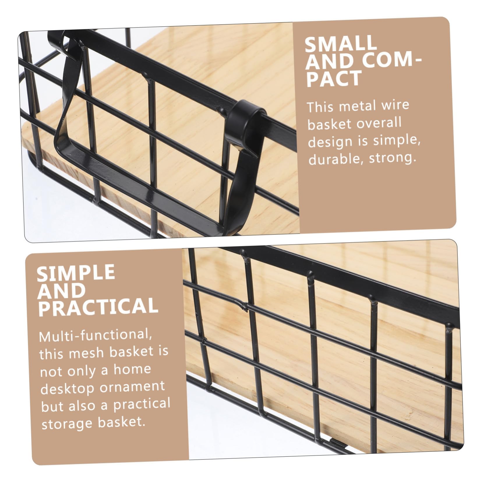 Cesta de Almacenamiento Metálica Pequeña con Asas Base de Madera Resistente y Apilable Organizador Multifuncional para Cocina y Baño Color Negro