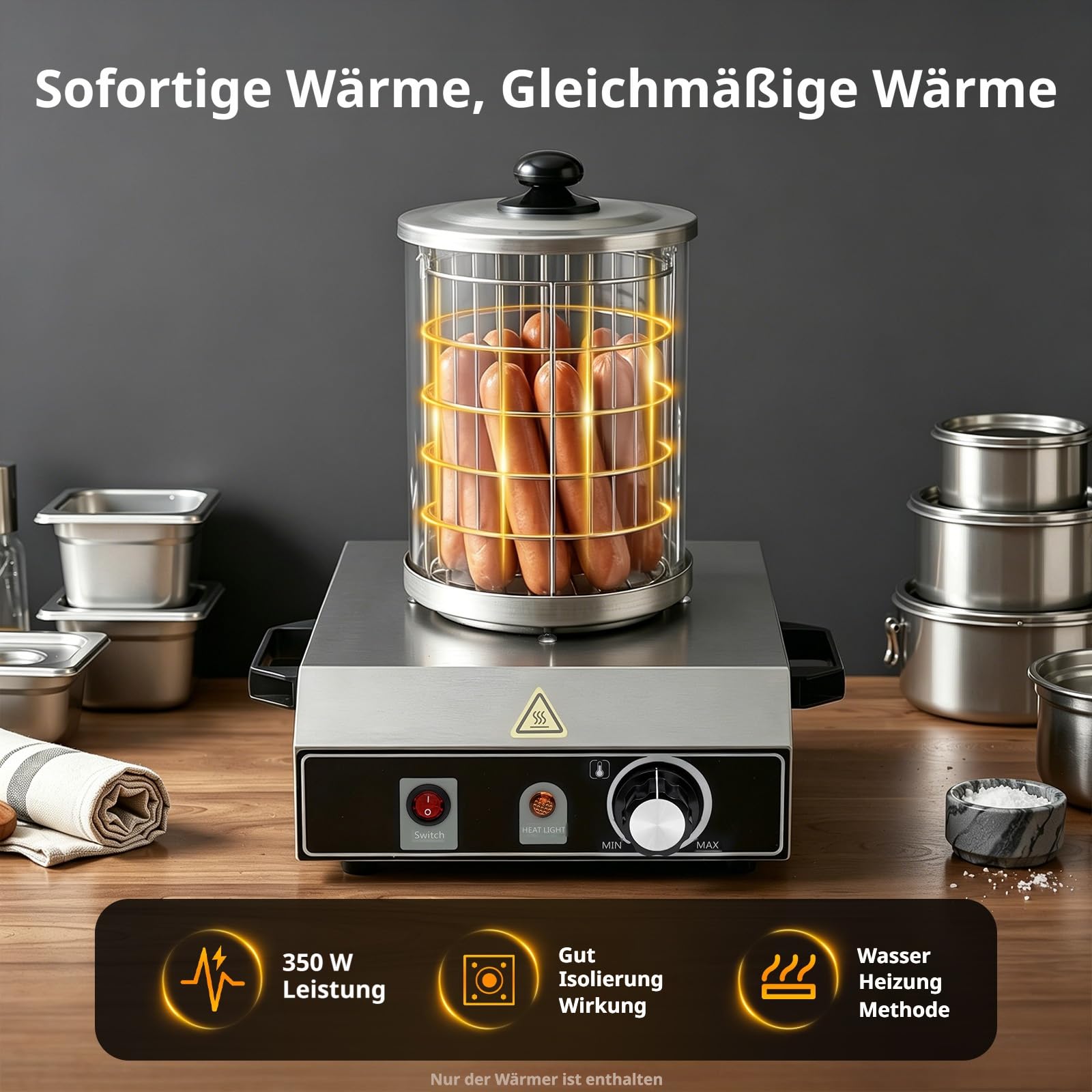 Würstchenwärmer Elektrischer Hot Dog Maker Maschine 220V Wurstkocher, 0～85℃Einstellbare Temperatur Got Dog Dampfer für westliche Restaurants, Fast-Food-Läden, Cafés