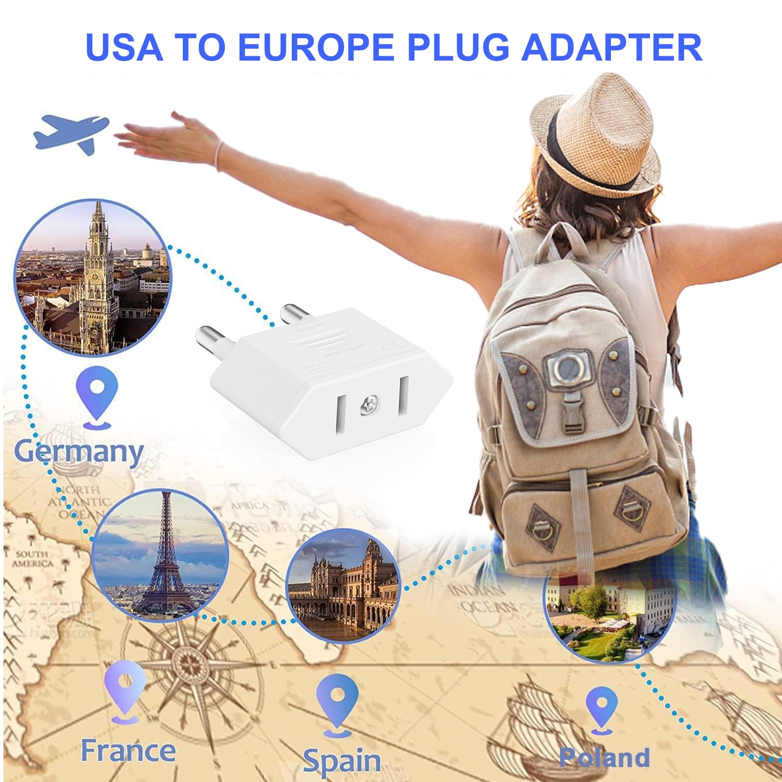 4 Pièces Adaptateur Prise USA vers France, Adaptateur Prise US vers EU (2 Broches) Prise Type A vers Type E/F pour Voyage Les États-Unis/Canada/Chine/Japon vers la France/l'europe - Blanc