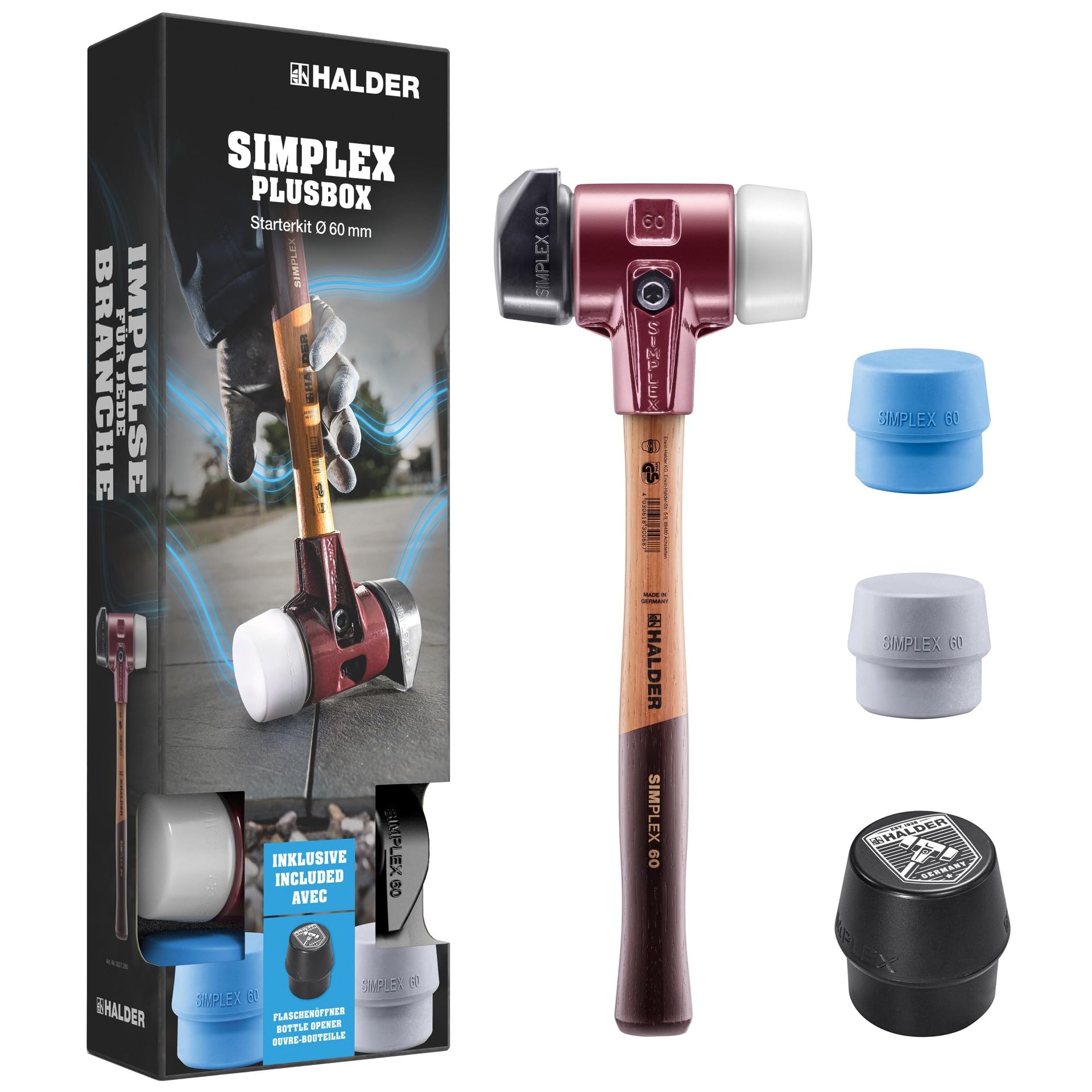 HALDER-Plusbox Starterkit, SIMPLEX-Schonhammer D60, Gummikomposition mit Standfuß/Superplastik sowie je ein TPE-soft und TPE-mid Schlageinsatz plus Flaschenöffner | 3027s026