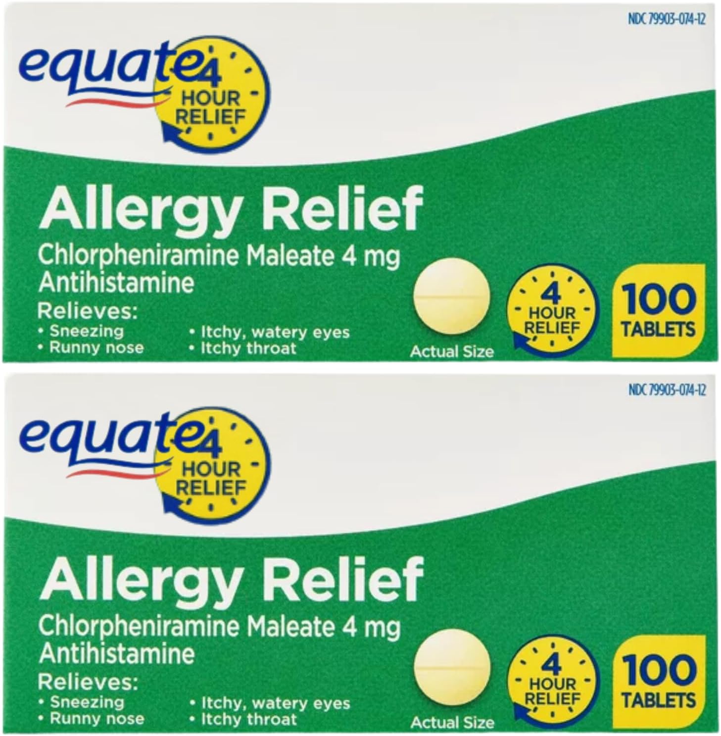 Allergy Relief Medicine Equat'e, Chlorpheniramine Maleate 4 mg Antihistamine 100 Count (Pack of 2)