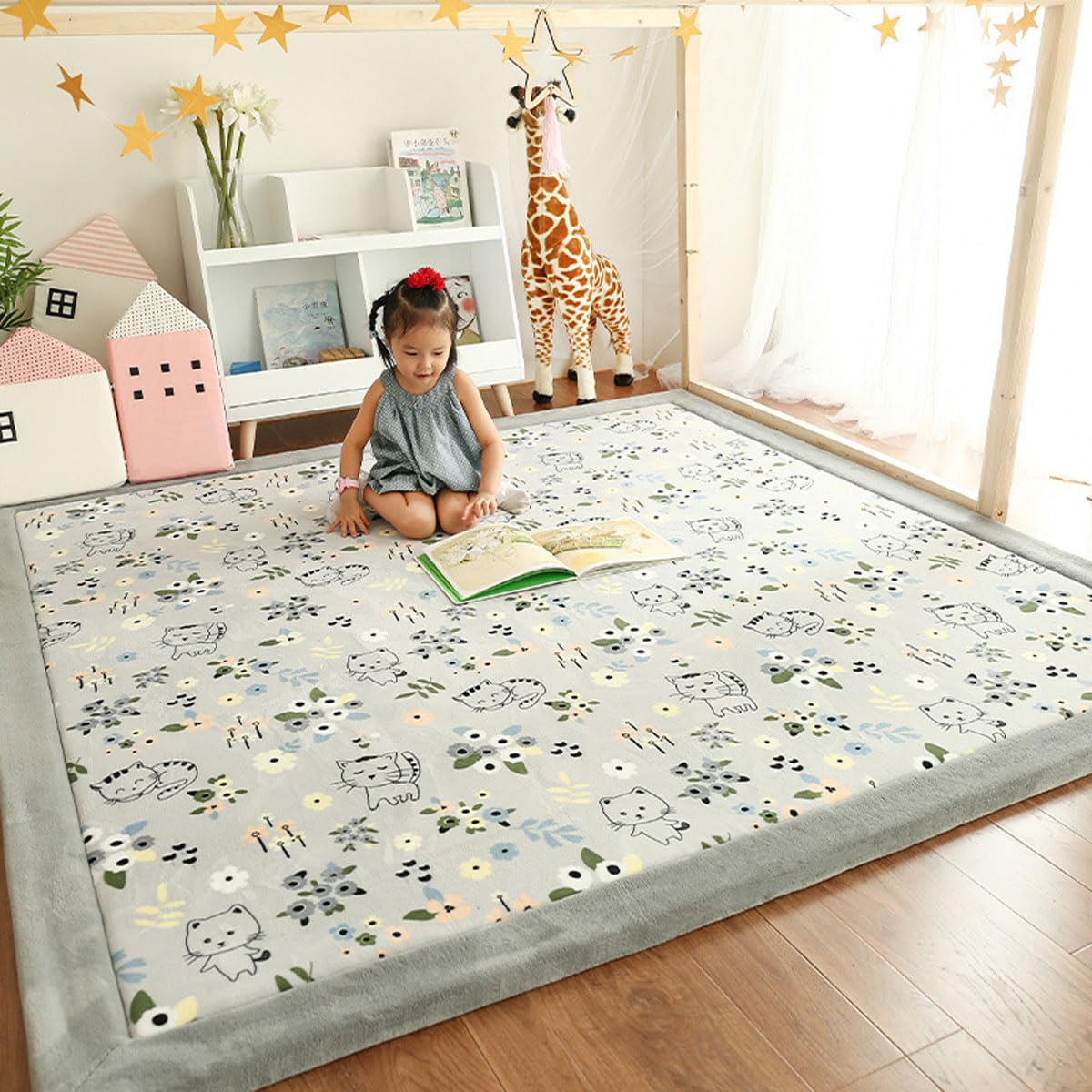Single Tree Forest Cat (Grey) 2.5Cm Thick Kids Carpet, Large Area Rug-200 * 240Cm