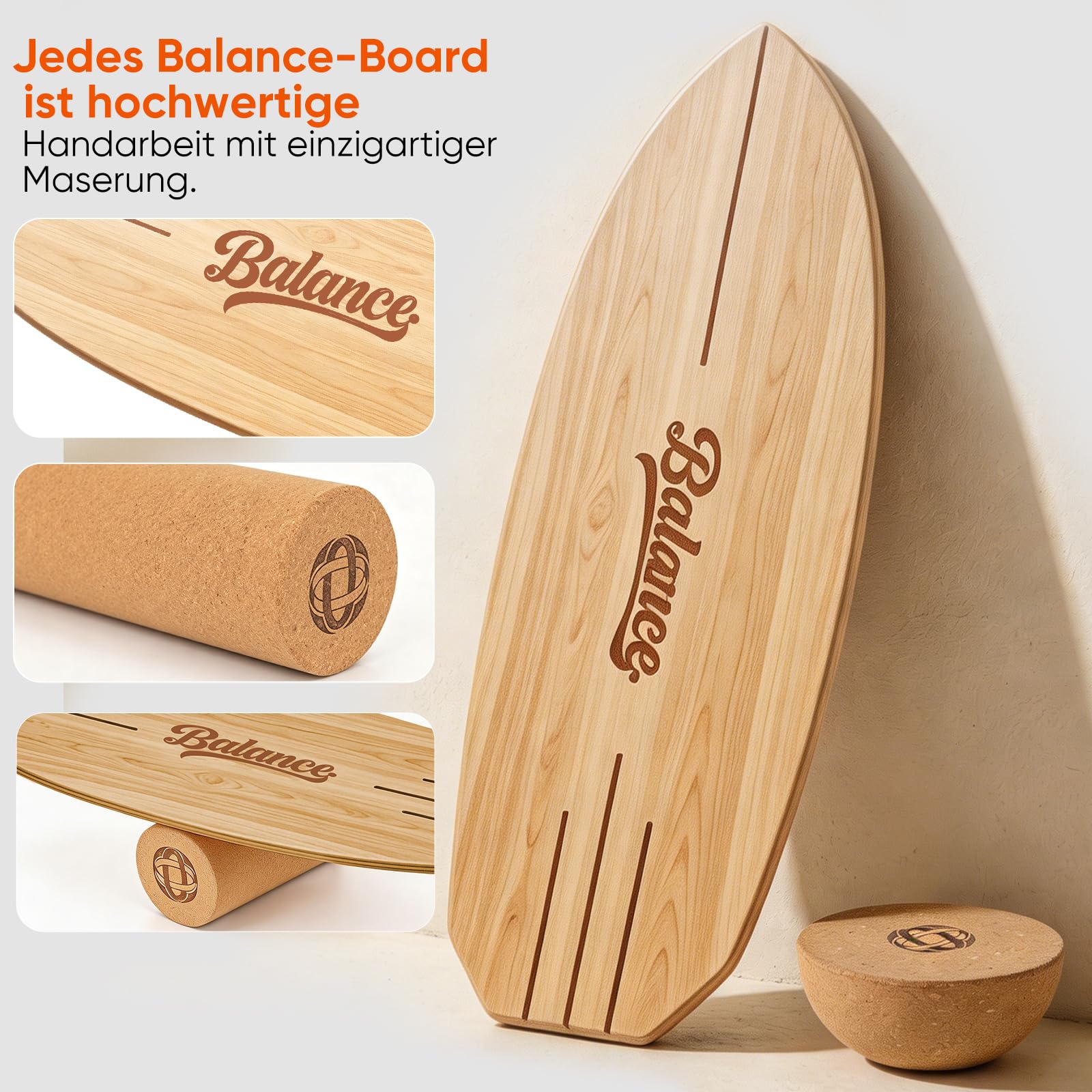 Balance Board aus Massivholz, 78 x 30 cm, bis 204 kg – Komplett-Set mit Rolle, Halbkugel & Faszienball – rutschfestes Gleichgewichtsboard für Fitness, Yoga & Reha,Holz