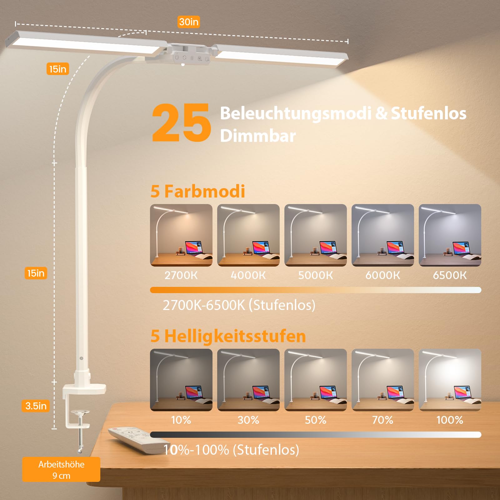 SIBRILLE Lámpara de escritorio RGB de doble cabeza LED regulable, 22 W 80 cm, lámpara de luz diurna con mando a distancia, lámpara de mesa giratoria, protección ocular, cuello de cisne