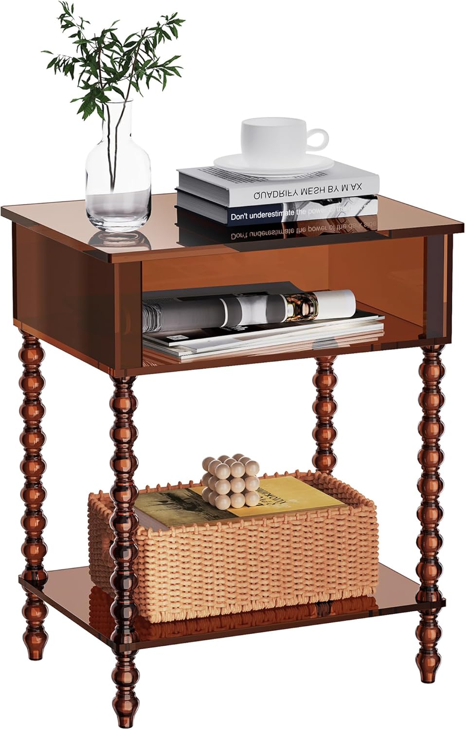 Acrylic Side Table, Clear 3-Tier End Table with Storage, Nightstand for Living Room, Bedroom, Office (Dark Brown, Small)
