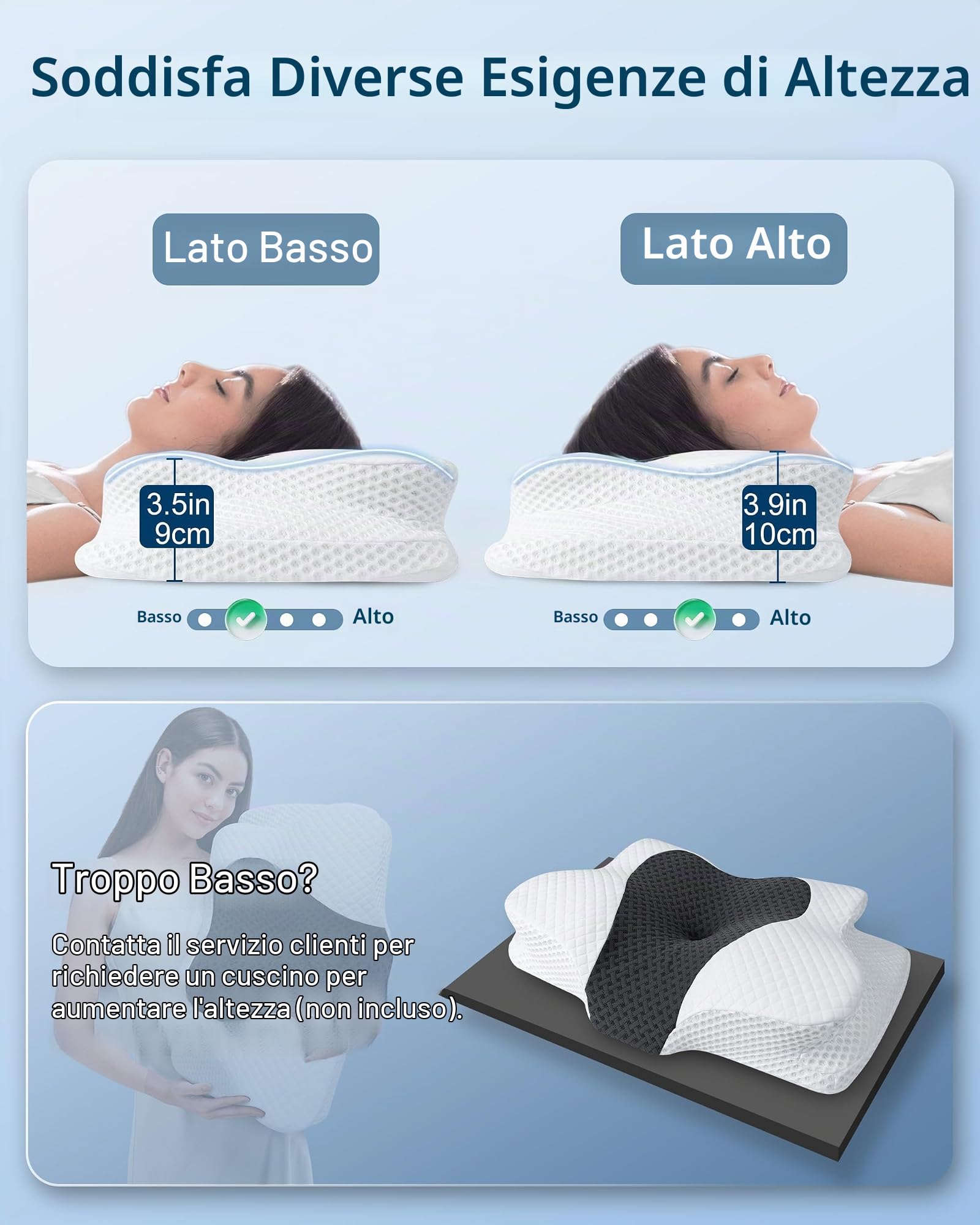 HOMCA Cuscino Cervicale per Dormire, Cuscino in Memory Foam per Dormire su Fianco, Schiena o Stomaco, con Federa Rimovibile 60x40x9/10cm