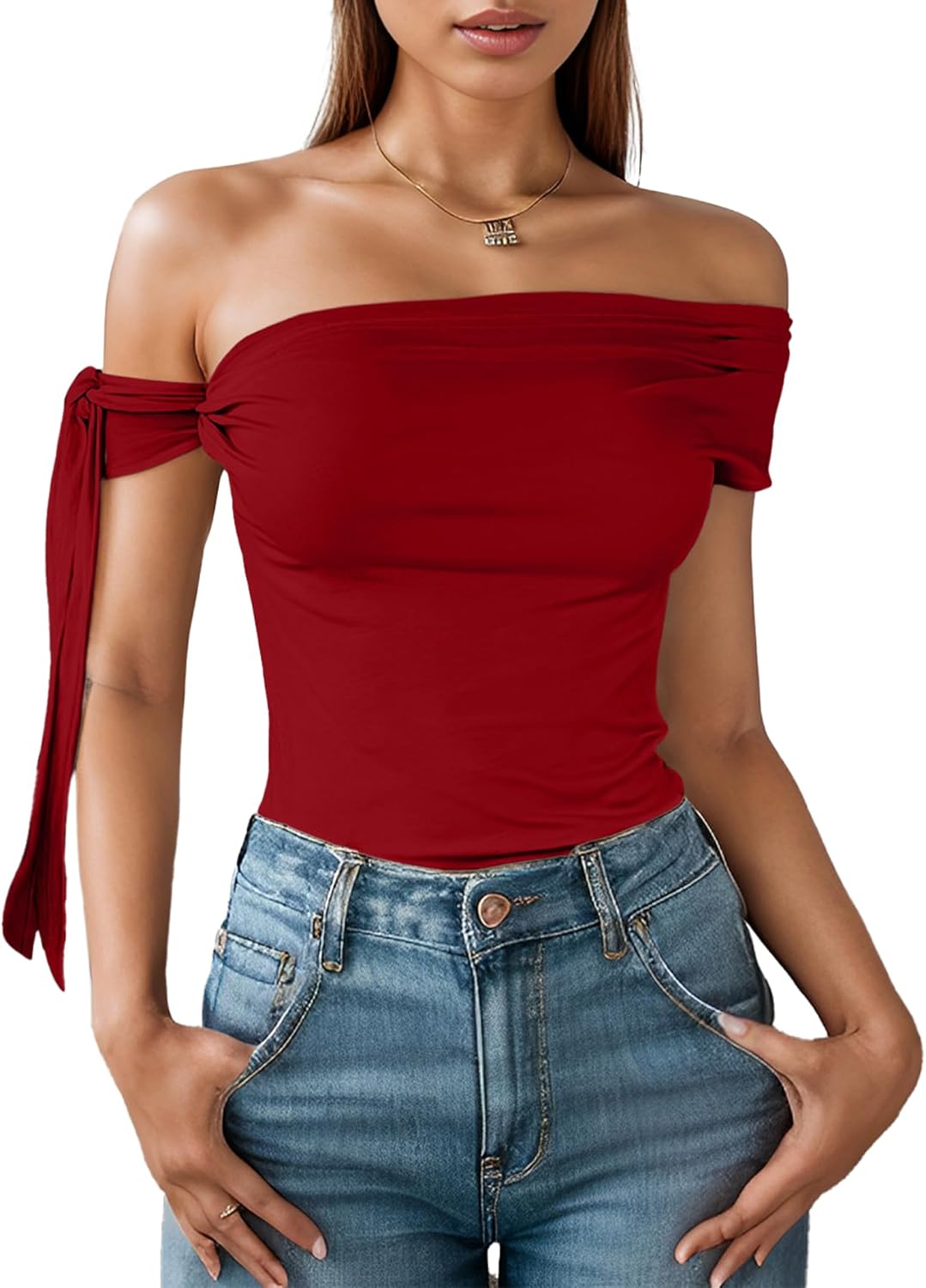 DIKGROP Off The Shoulder Tops for Women Tie Shoulder Ruched Going Out Slim Fit Sexy Solid Y2K Summer Tops