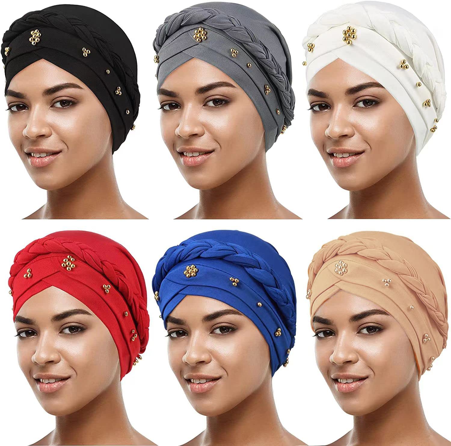 4 Pack Women's Turban Caps - Beaded Headscarf, African Braid Turban Hat, One Size Fits Most - View #10