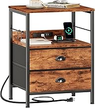 Furologee Night Stand with Charging Station, Bedside Table with Fabric Drawers, End Table with USB Ports & Outlets, Rustic Nightstand with Storage Shelf & Hooks, for Living Room/Bedroom, Rustic Brown