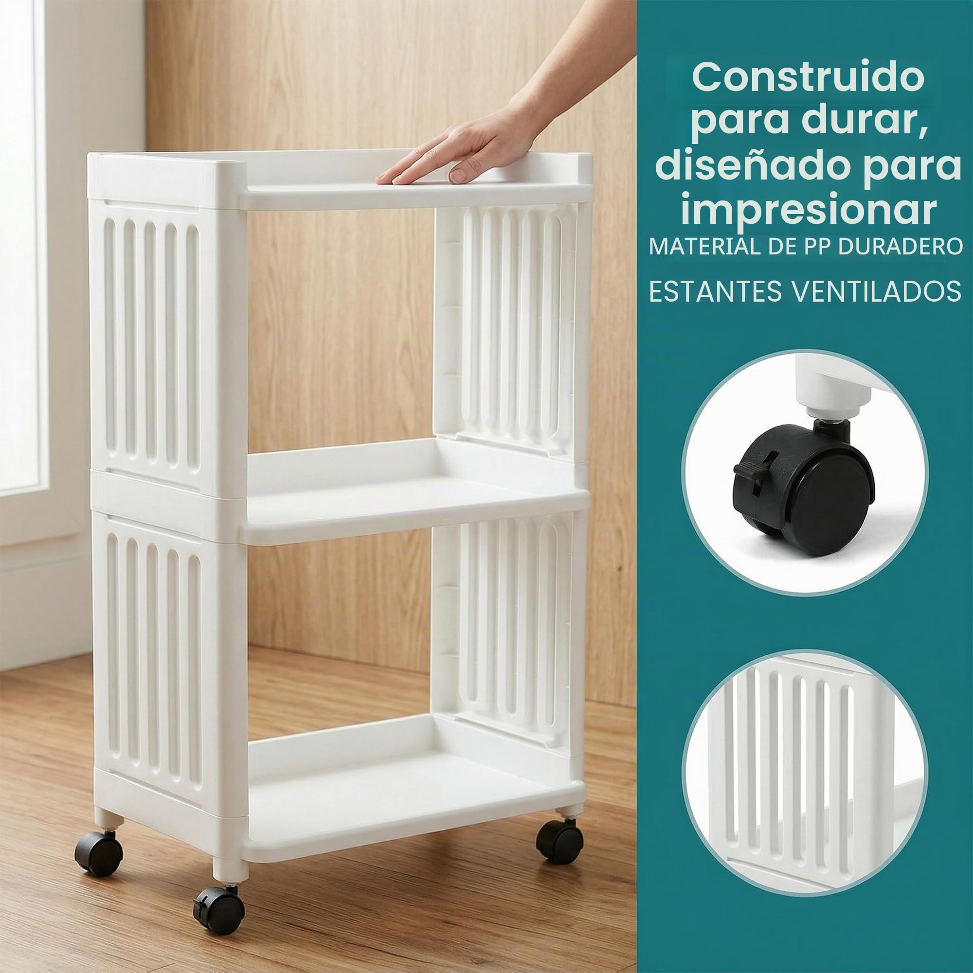 Carrito de Plástico con Ruedas de 3 Niveles, Carrito Auxiliar con 4Ruedas, Organizador de Almacenamiento con Ruedas Multiusos, Carro Almacenaje para Cocina, Baño, Salón, Lavandería y Oficina