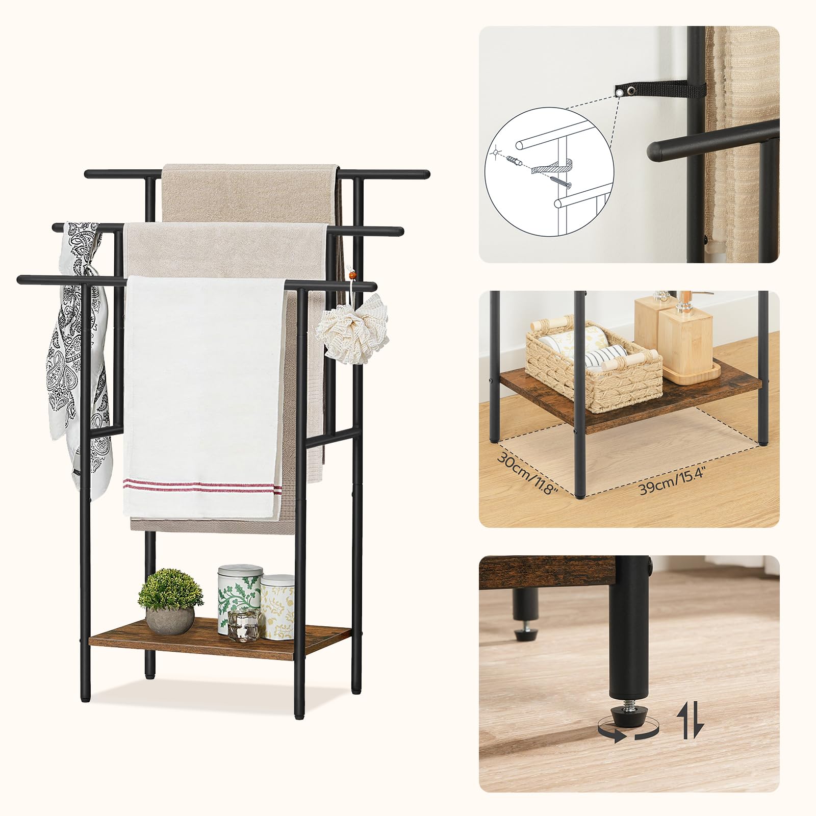 HOOBRO Toallero Independiente de 100 cm de Alto para baño, Estante de Manta Escalonado de 3 Niveles con estantes, Estante de Secado y exhibición de Toallas de baño de Gran, Negro y marrón EBF50LB01