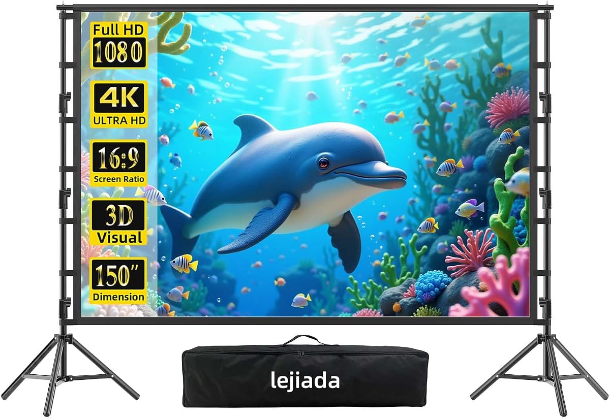 Giant 150 inch Portable Projector Screen with Dual Stand, 4K HD Front/Rear Projection Movie Screen for Backyard Theaters and Camping, Foldable Anti-Crease Fabric with Carry Bag