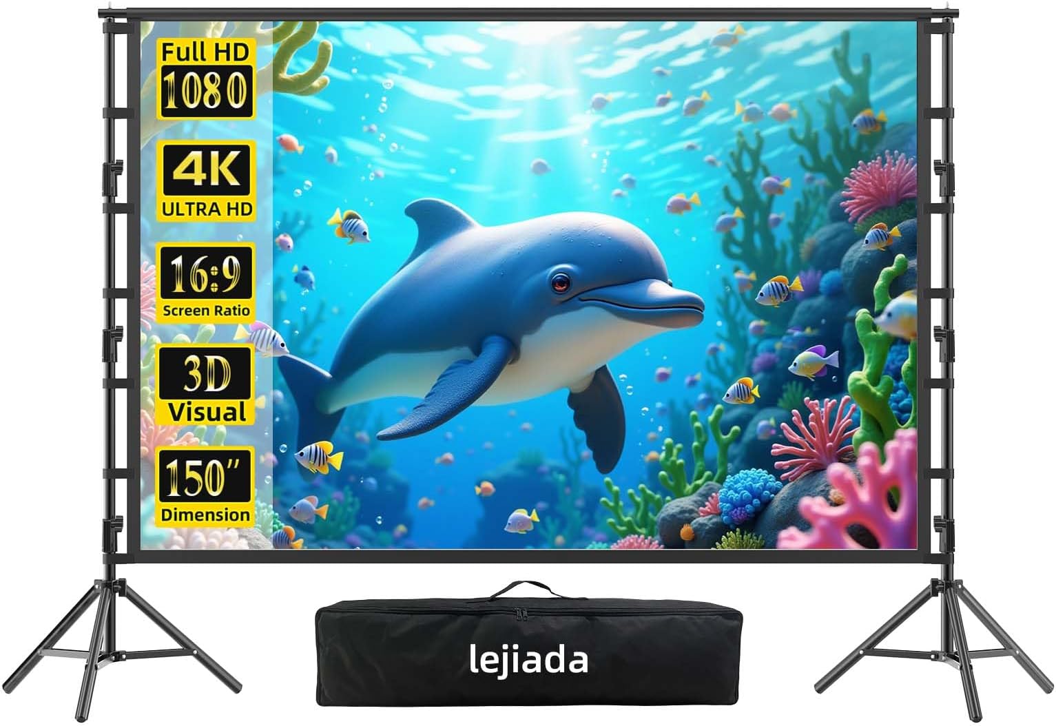 150 Inch Outdoor Projector Screen with Stand, 4K HD Portable Foldable Movie Screen for Garden, Camping, Home Cinema and Sports Night, Anti Crease Fabric, Front Rear Projection, Quick Setup, Carry Bag