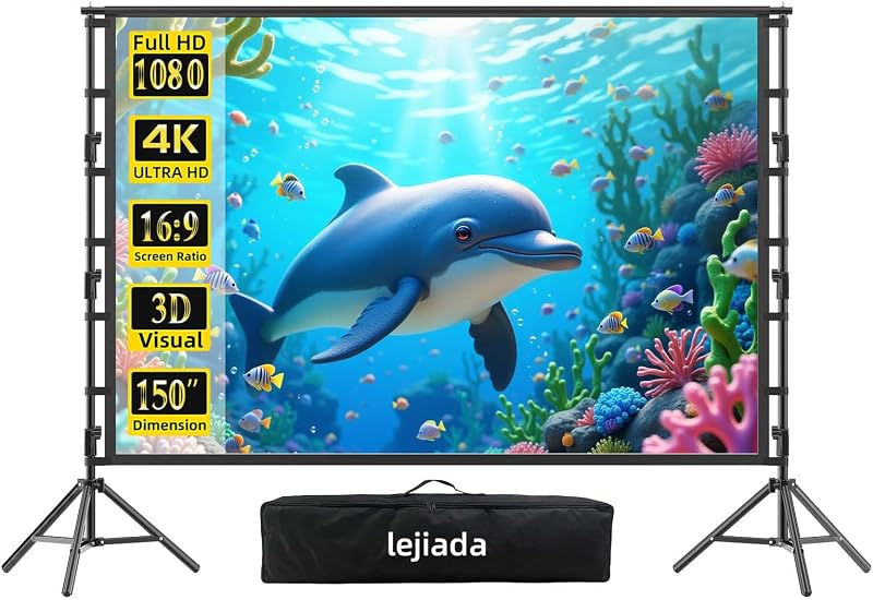 Giant 150 inch Portable Projector Screen with Dual Stand, 4K HD Front/Rear Projection Movie Screen for Backyard Theaters and Camping, Foldable Anti-Crease Fabric with Carry Bag